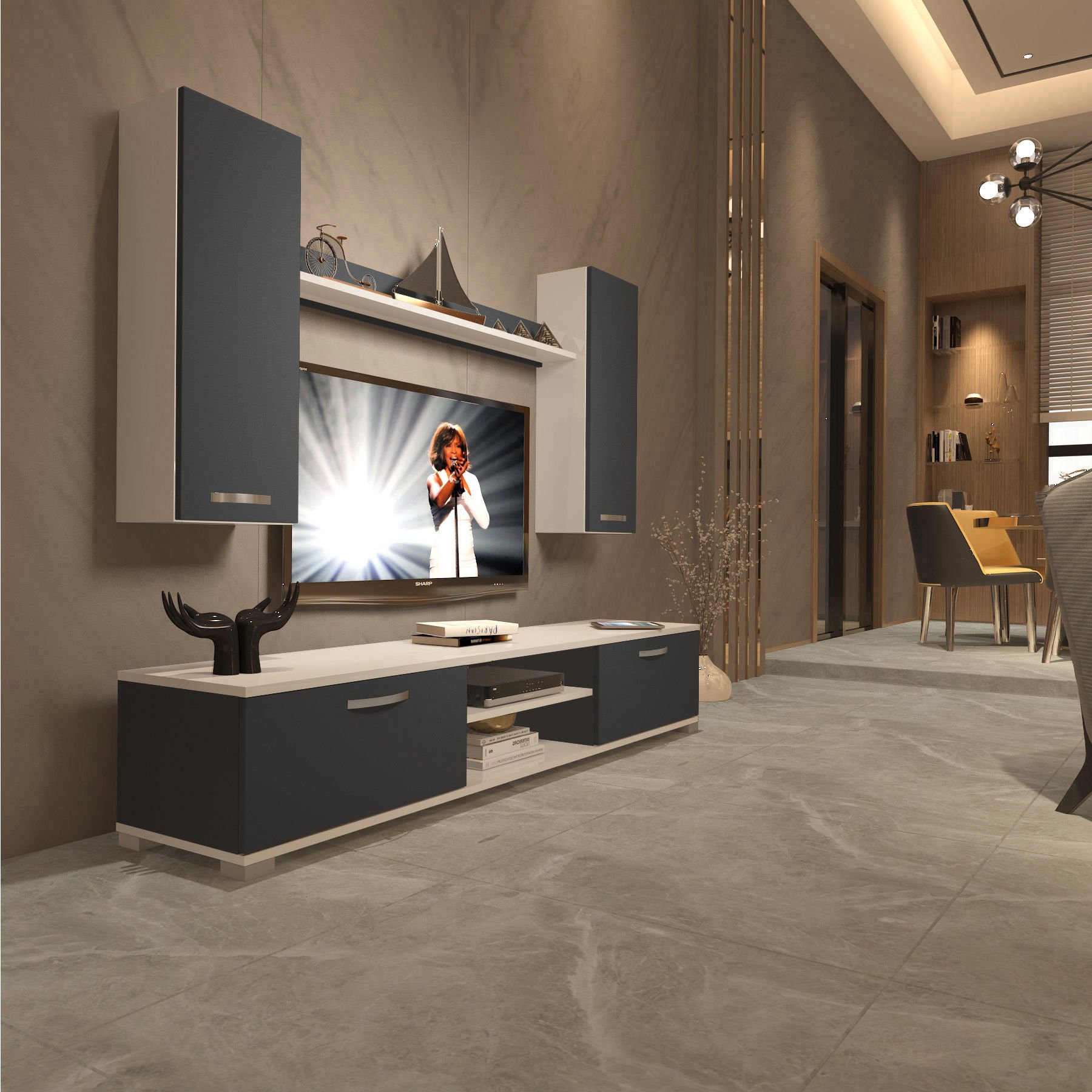 Decoraktiv Eko 5D Mdf Dvd Tv Ünitesi Tv Sehpası Beyaz - Antrasit