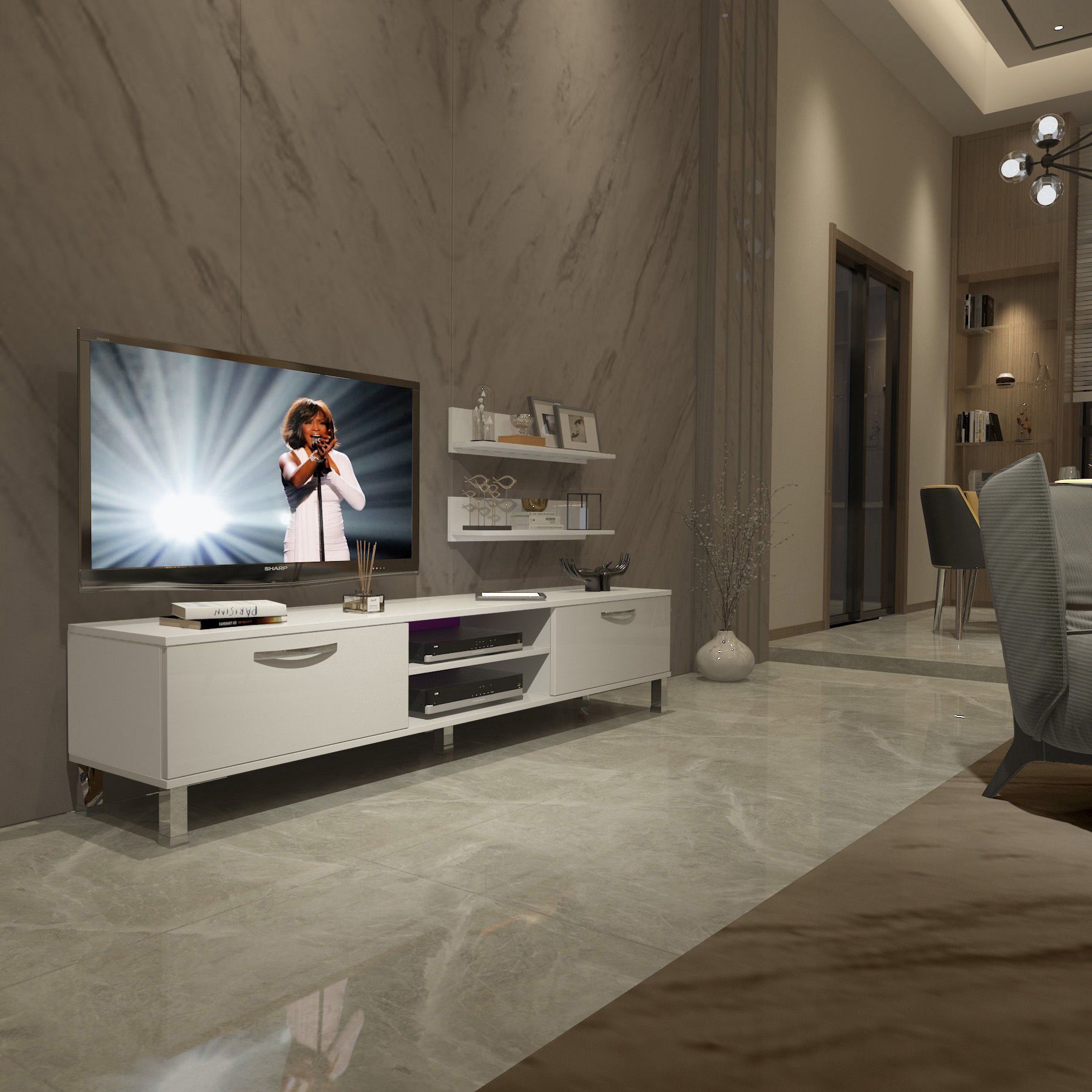 Decoraktiv Eko 4 Mdf Dvd Krom Ayaklı Tv Ünitesi Tv Sehpası Parlak Beyaz