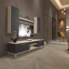 Decoraktiv Eko 5D Mdf Dvd Krom Ayaklı Tv Ünitesi Tv Sehpası Beyaz - Antrasit