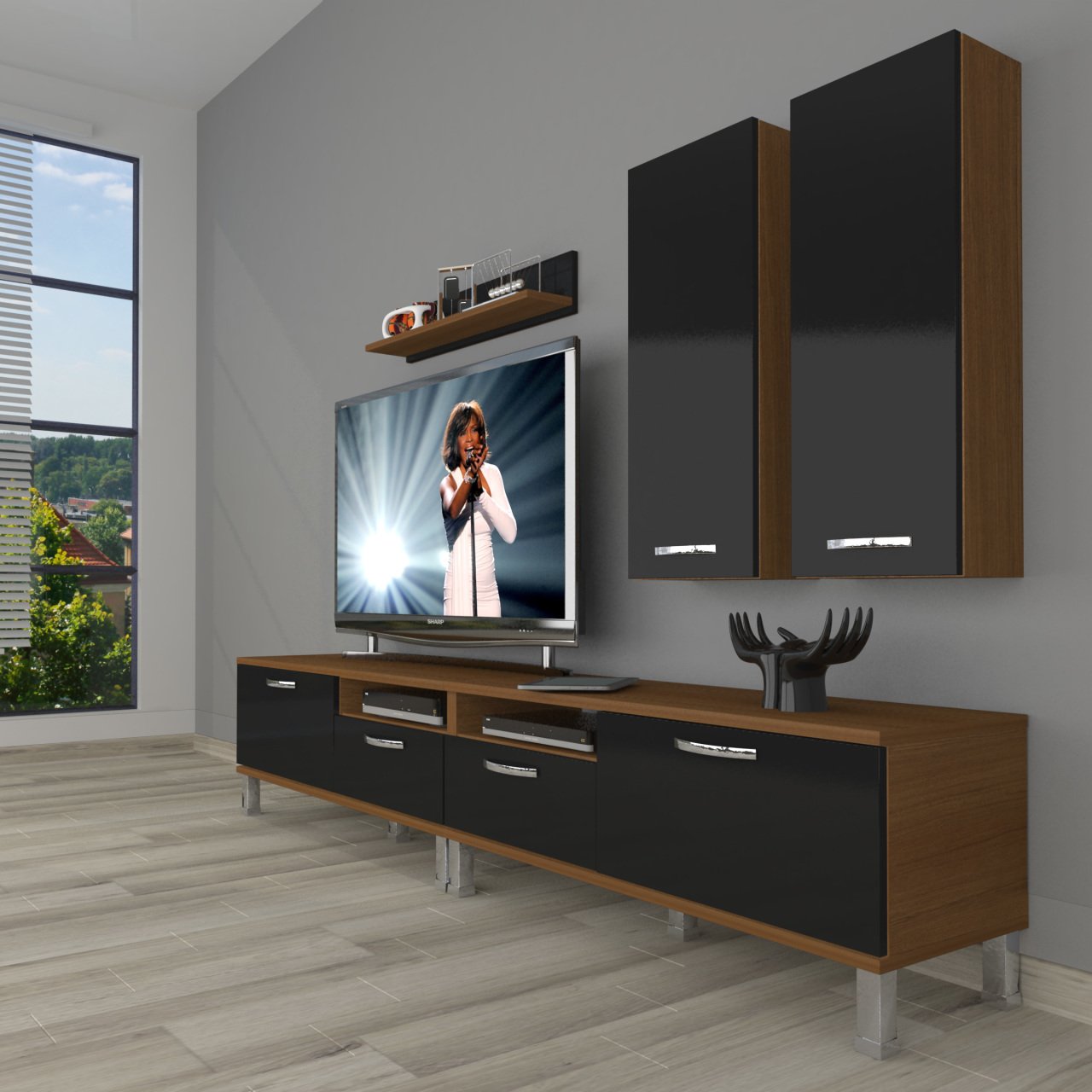 Decoraktiv Eko 5220D Slm Krom Ayaklı Tv Ünitesi Tv Sehpası Ceviz - Siyah
