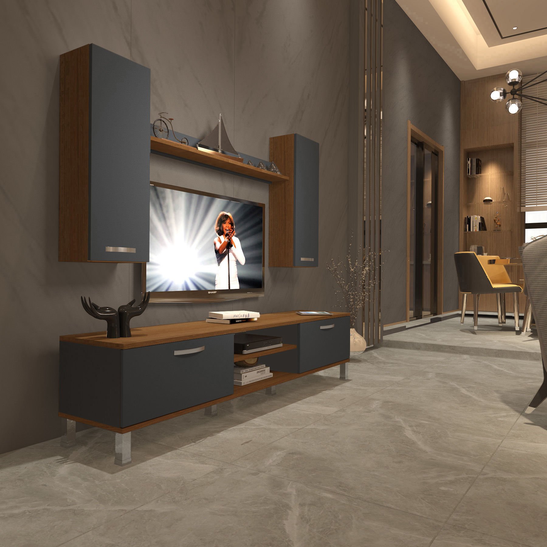 Decoraktiv Eko 5D Mdf Dvd Krom Ayaklı Tv Ünitesi Tv Sehpası Ceviz - Antrasit