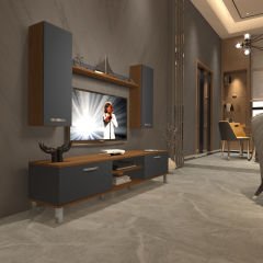 Decoraktiv Eko 5D Mdf Dvd Krom Ayaklı Tv Ünitesi Tv Sehpası Ceviz - Antrasit