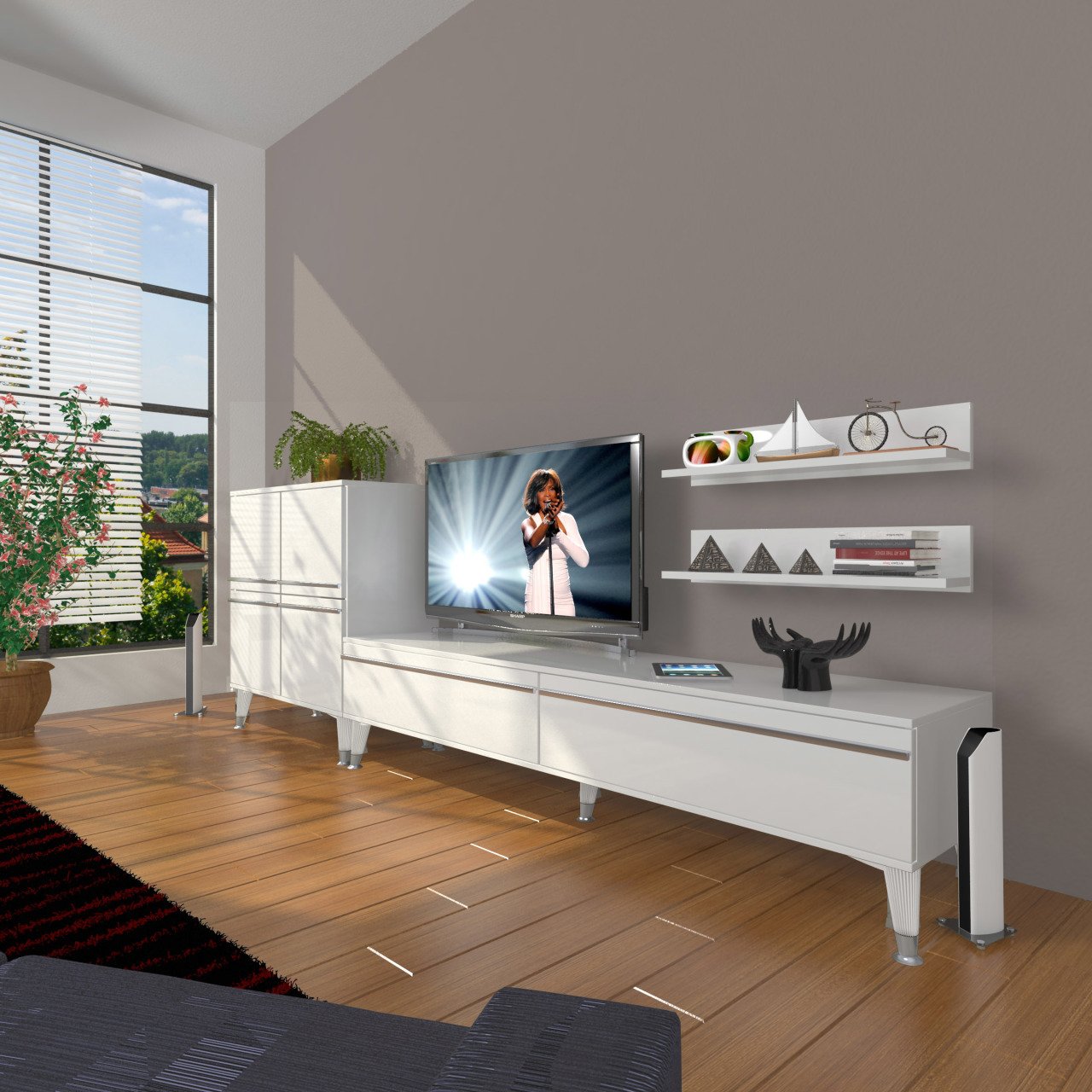Decoraktiv Eko On Mdf Std Silver Tv Ünitesi Tv Sehpası Parlak Beyaz