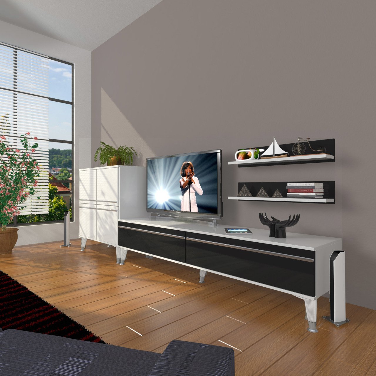 Decoraktiv Eko On Mdf Std Silver Tv Ünitesi Tv Sehpası Beyaz - Siyah