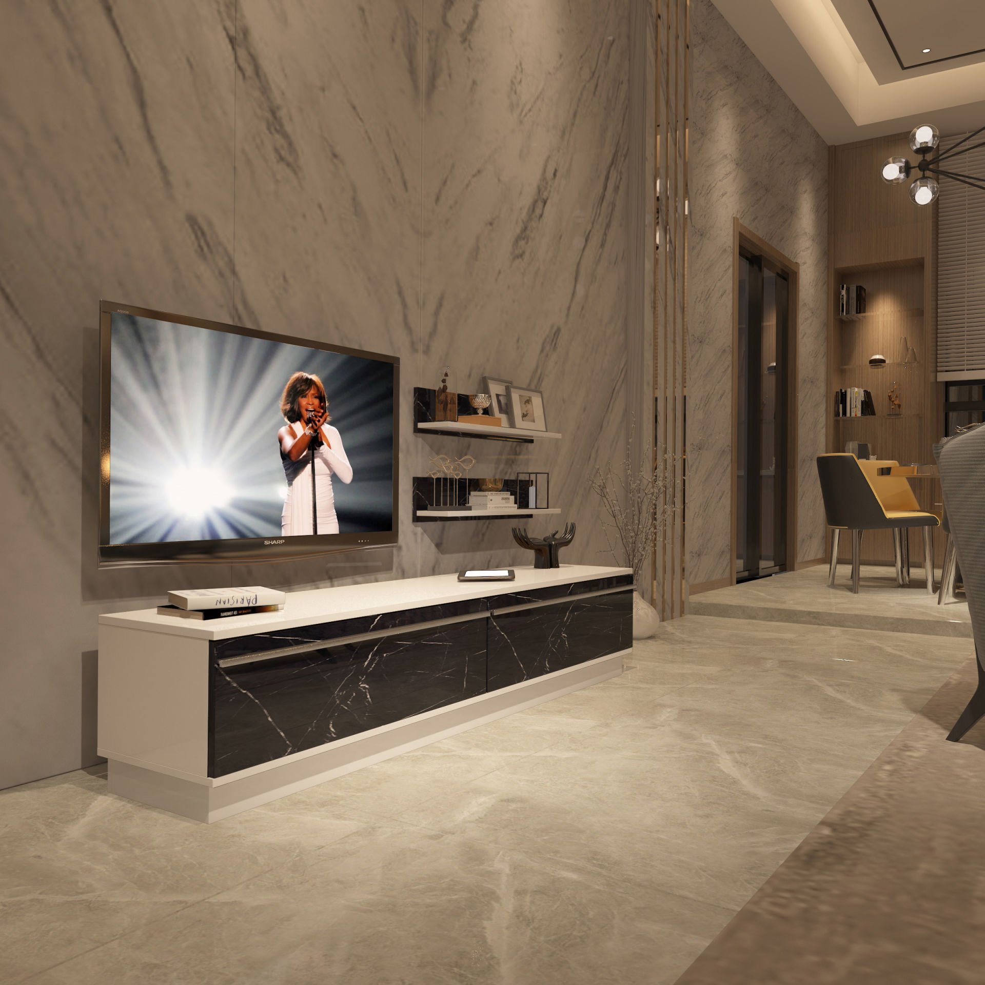 Decoraktiv Eko 4B Mdf Std Tv Ünitesi Tv Sehpası Beyaz - Siyah Mermer