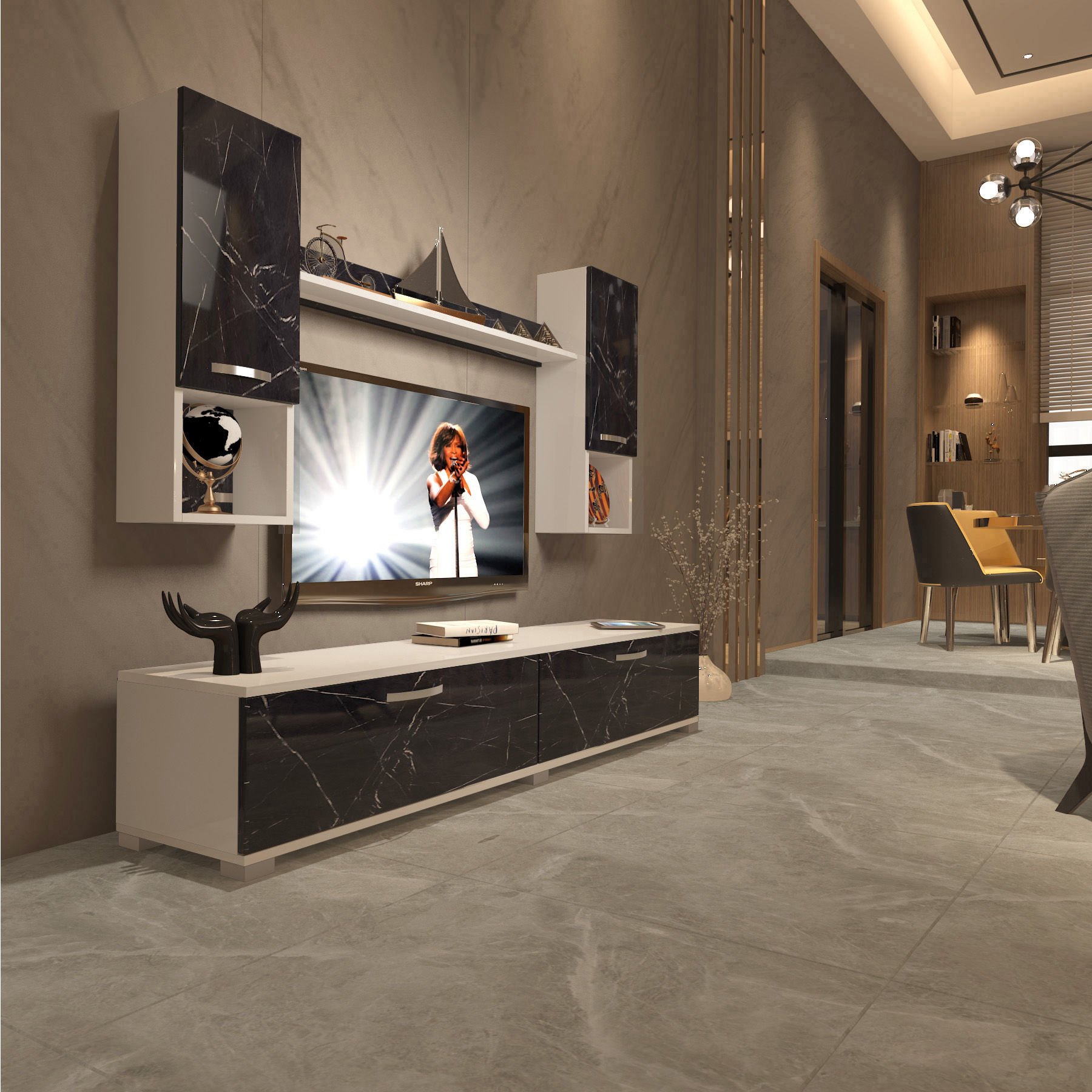 Decoraktiv Eko 5DA Mdf Std Tv Ünitesi Tv Sehpası Beyaz - Siyah Mermer