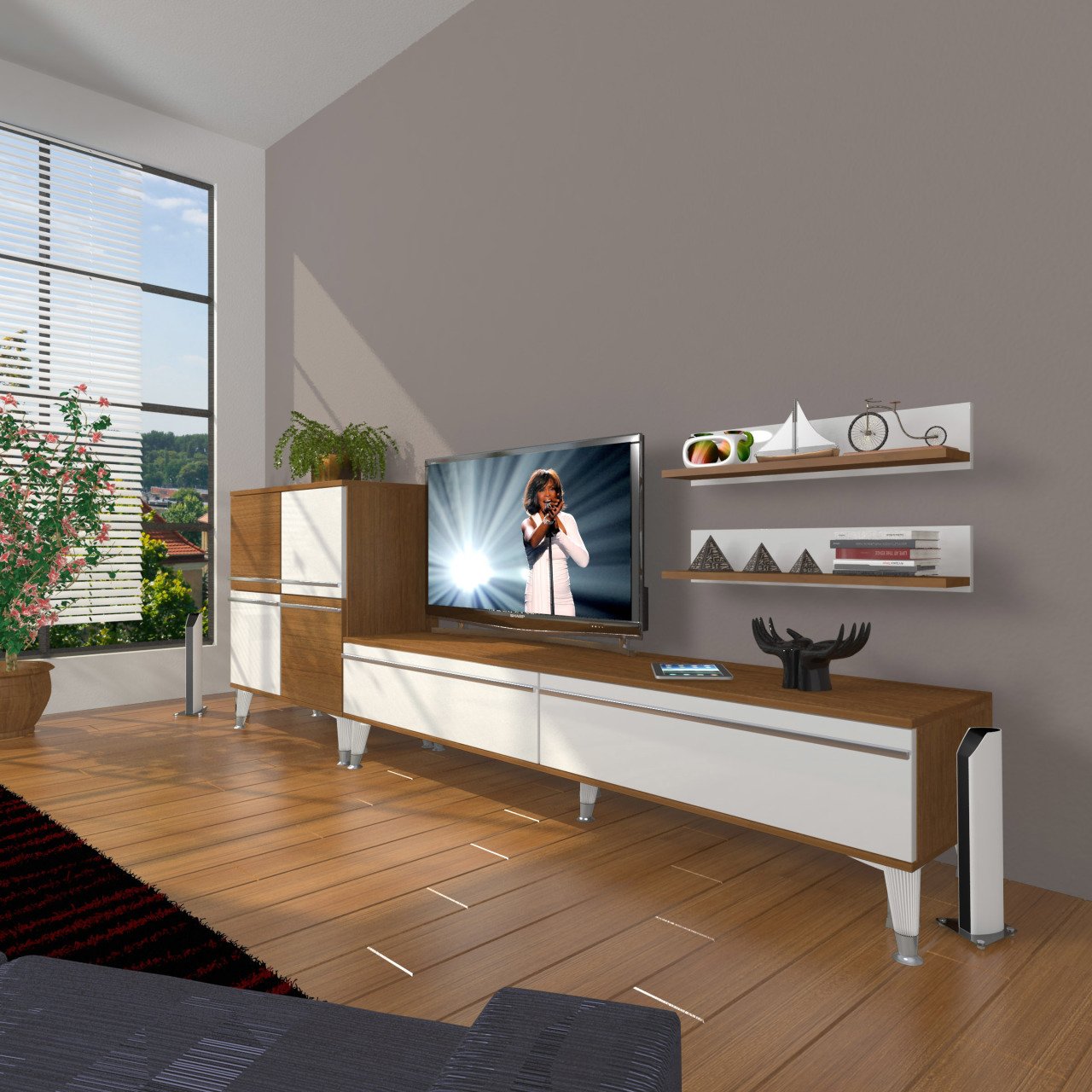 Decoraktiv Eko On Mdf Std Silver Tv Ünitesi Tv Sehpası Ceviz - Beyaz