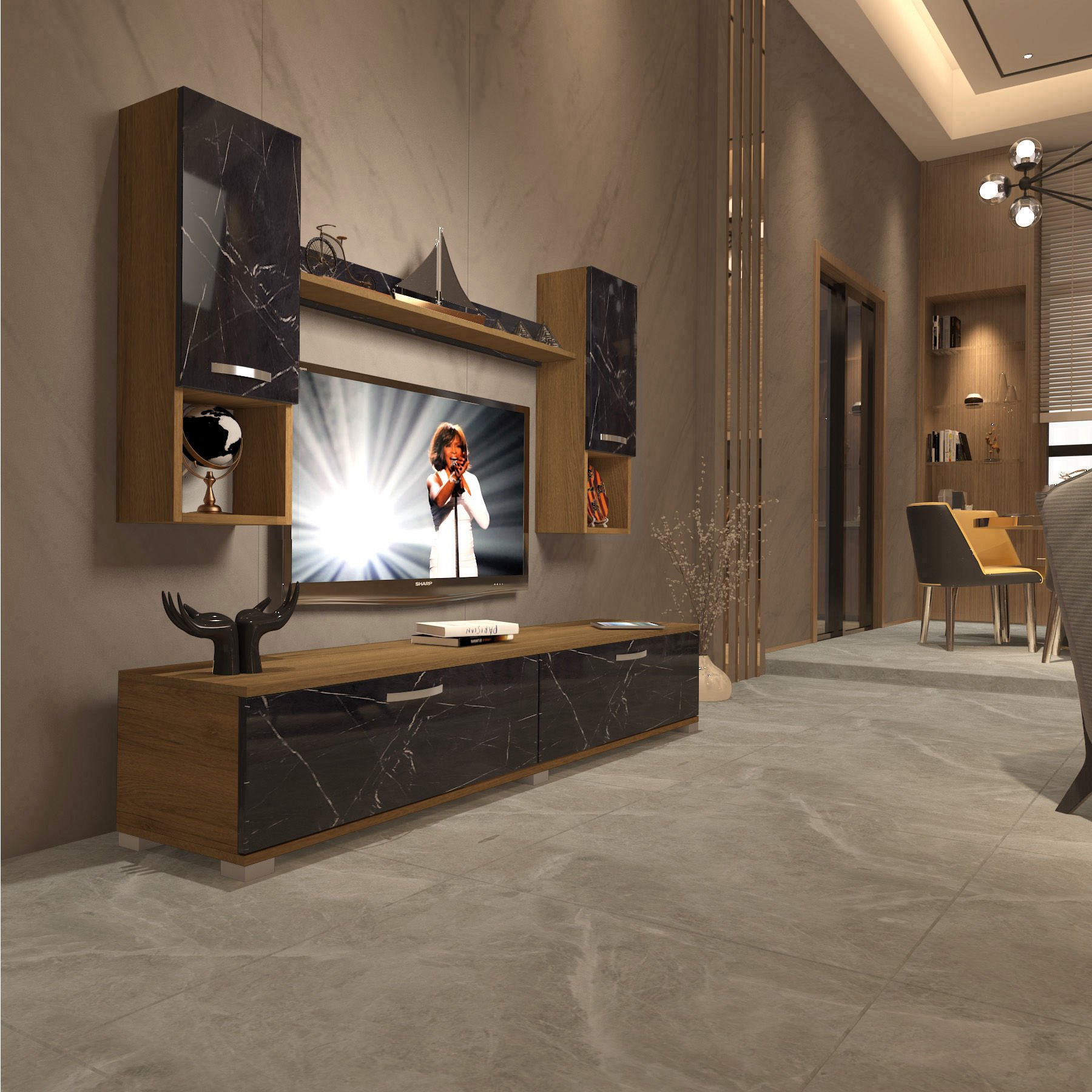 Decoraktiv Eko 5DA Mdf Std Tv Ünitesi Tv Sehpası Pera - Siyah Mermer