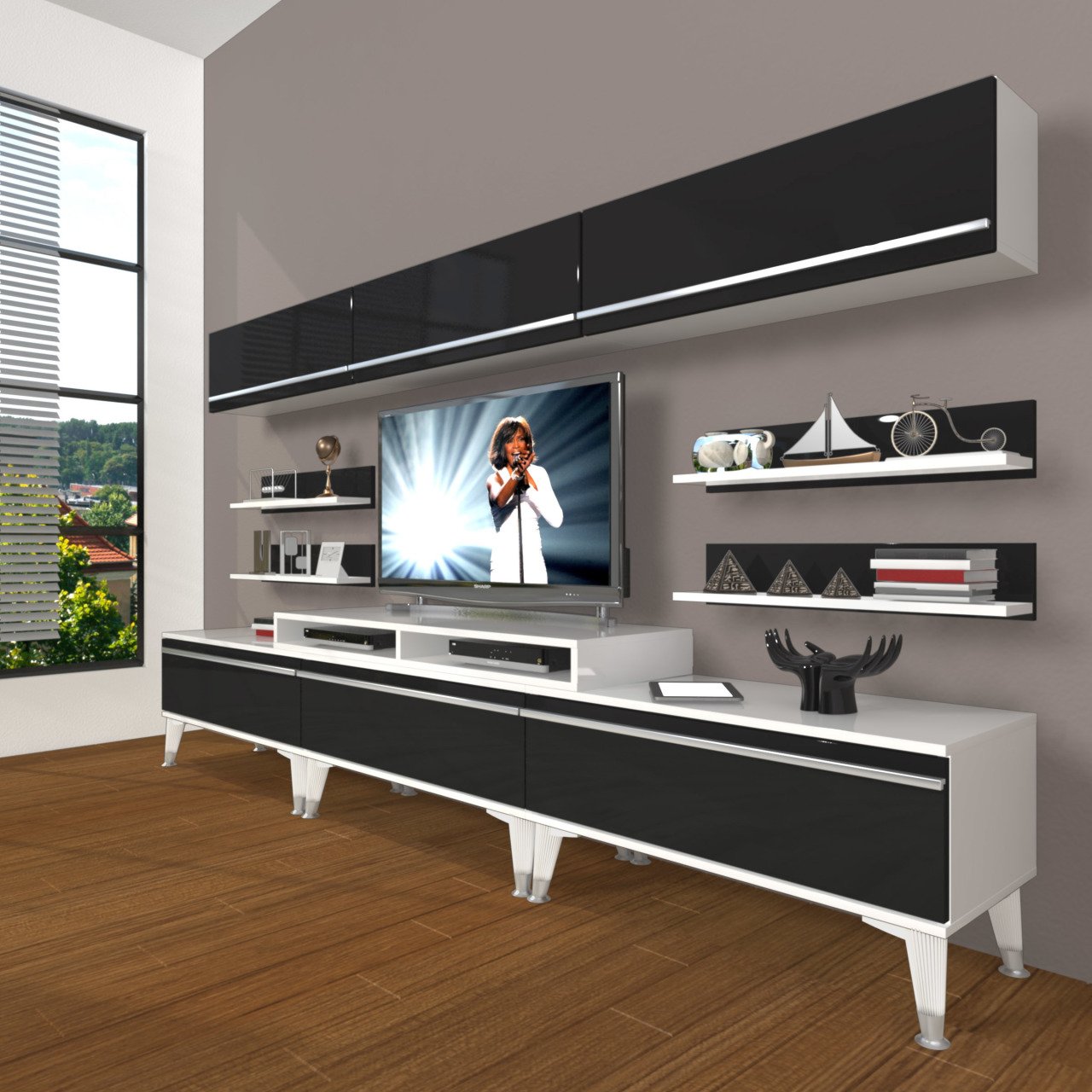 Decoraktiv Ekoflex 8Y Mdf Silver Tv Ünitesi Tv Sehpası Beyaz - Siyah