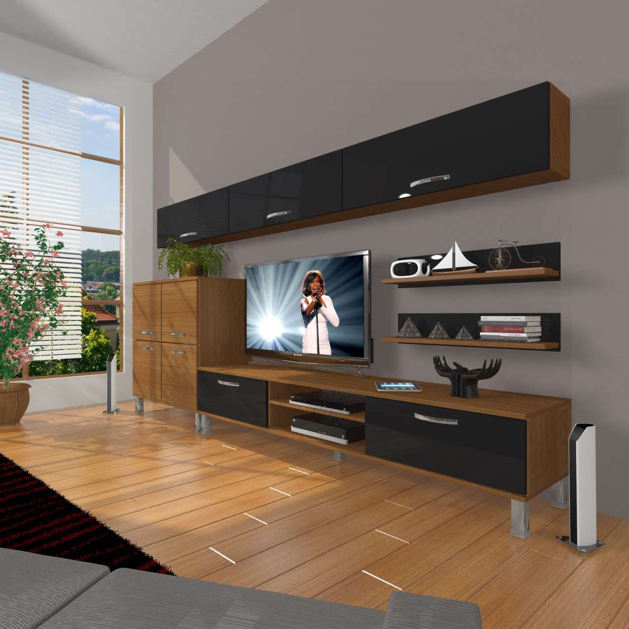 Decoraktiv Eko 8 Slm Dvd Krom Ayaklı Tv Ünitesi Tv Sehpası Ceviz - Siyah