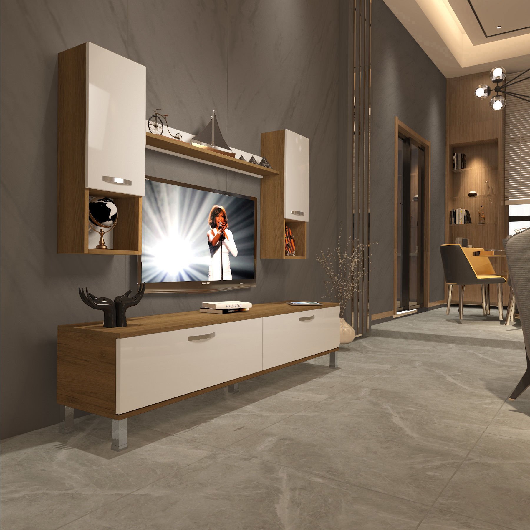 Decoraktiv Eko 5DA Mdf Std Krom Ayaklı Tv Ünitesi Tv Sehpası Pera - Beyaz
