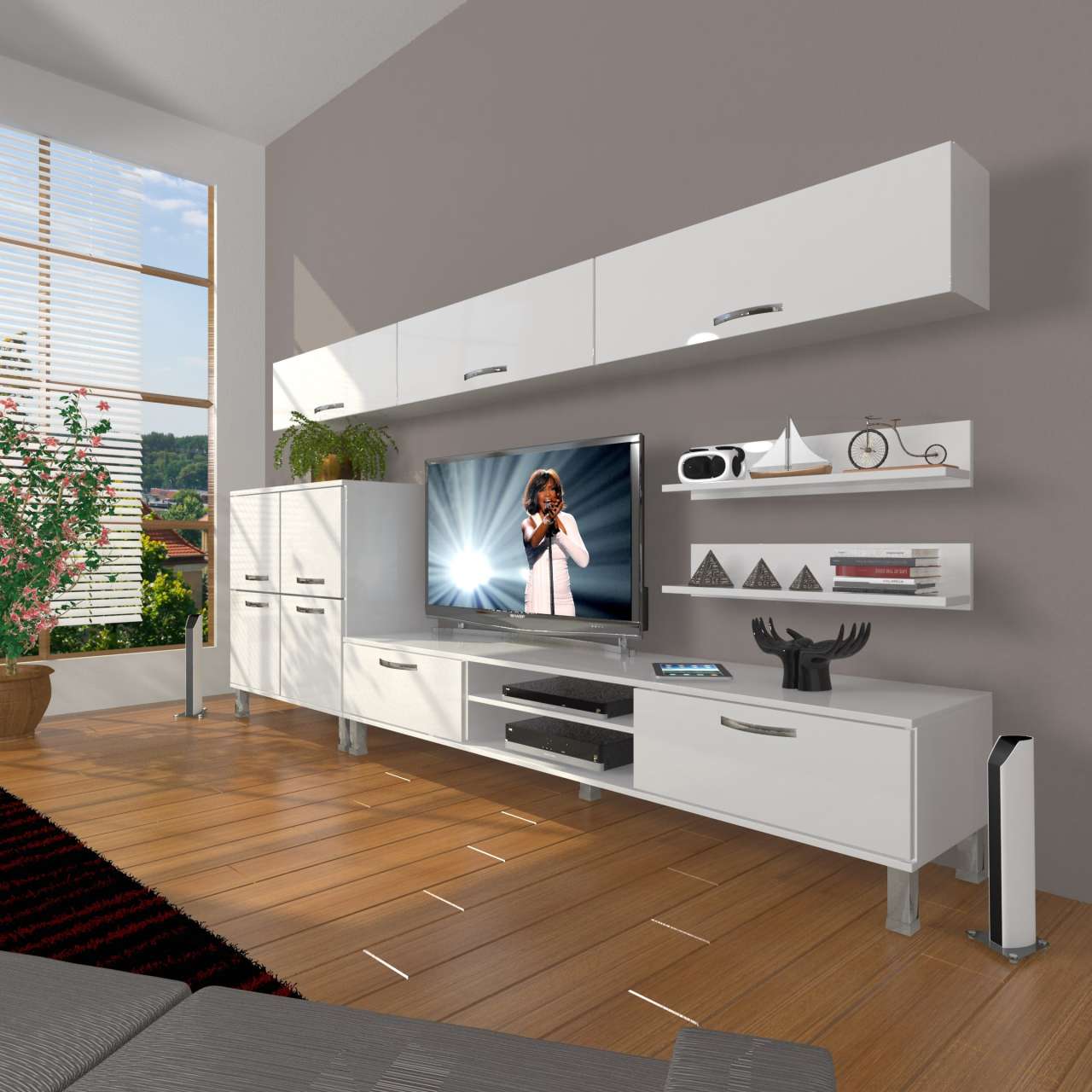 Decoraktiv Eko 8 Slm Dvd Krom Ayaklı Tv Ünitesi Tv Sehpası Parlak Beyaz