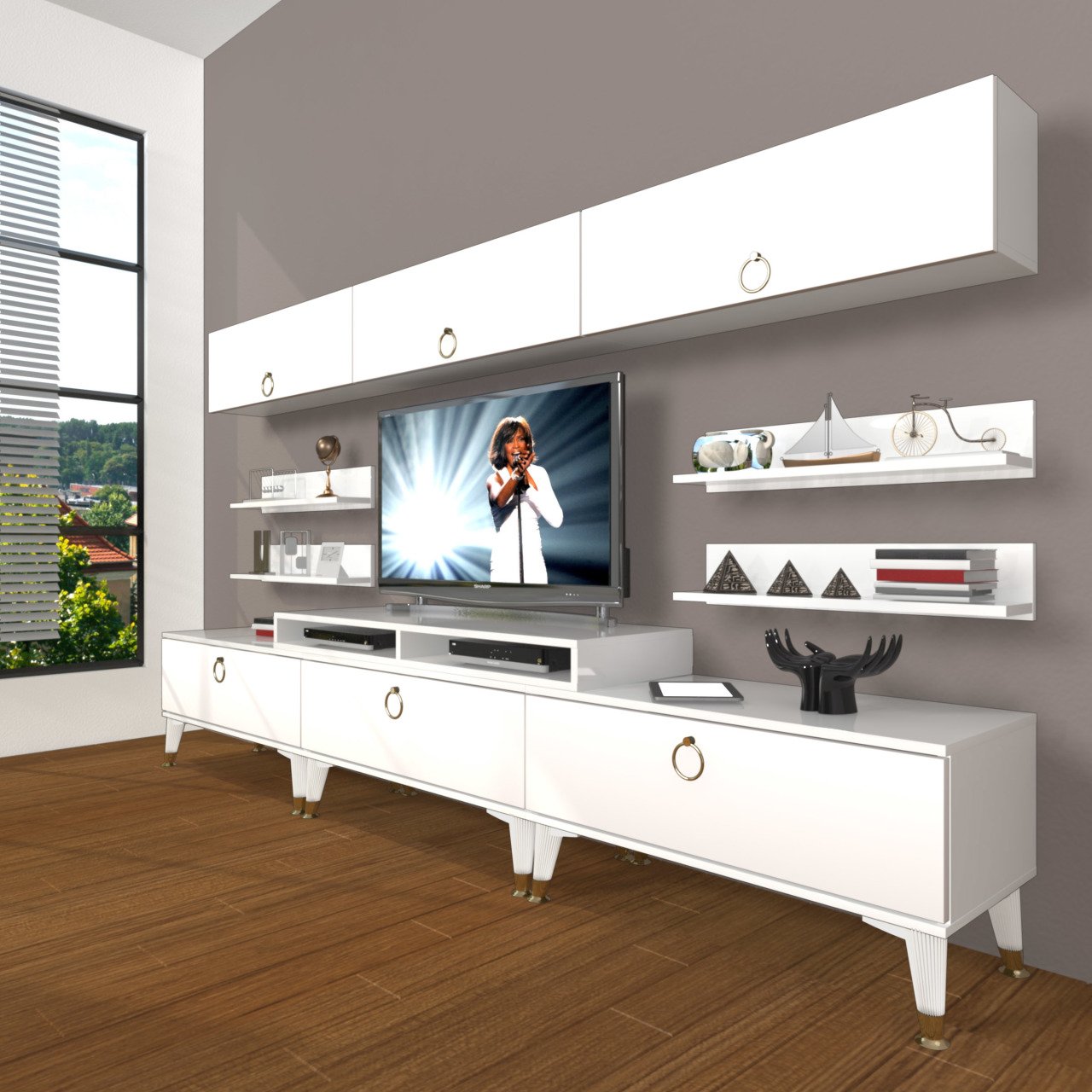 Decoraktiv Ekoflex 8Y Mdf Gold Tv Ünitesi Tv Sehpası Parlak Beyaz