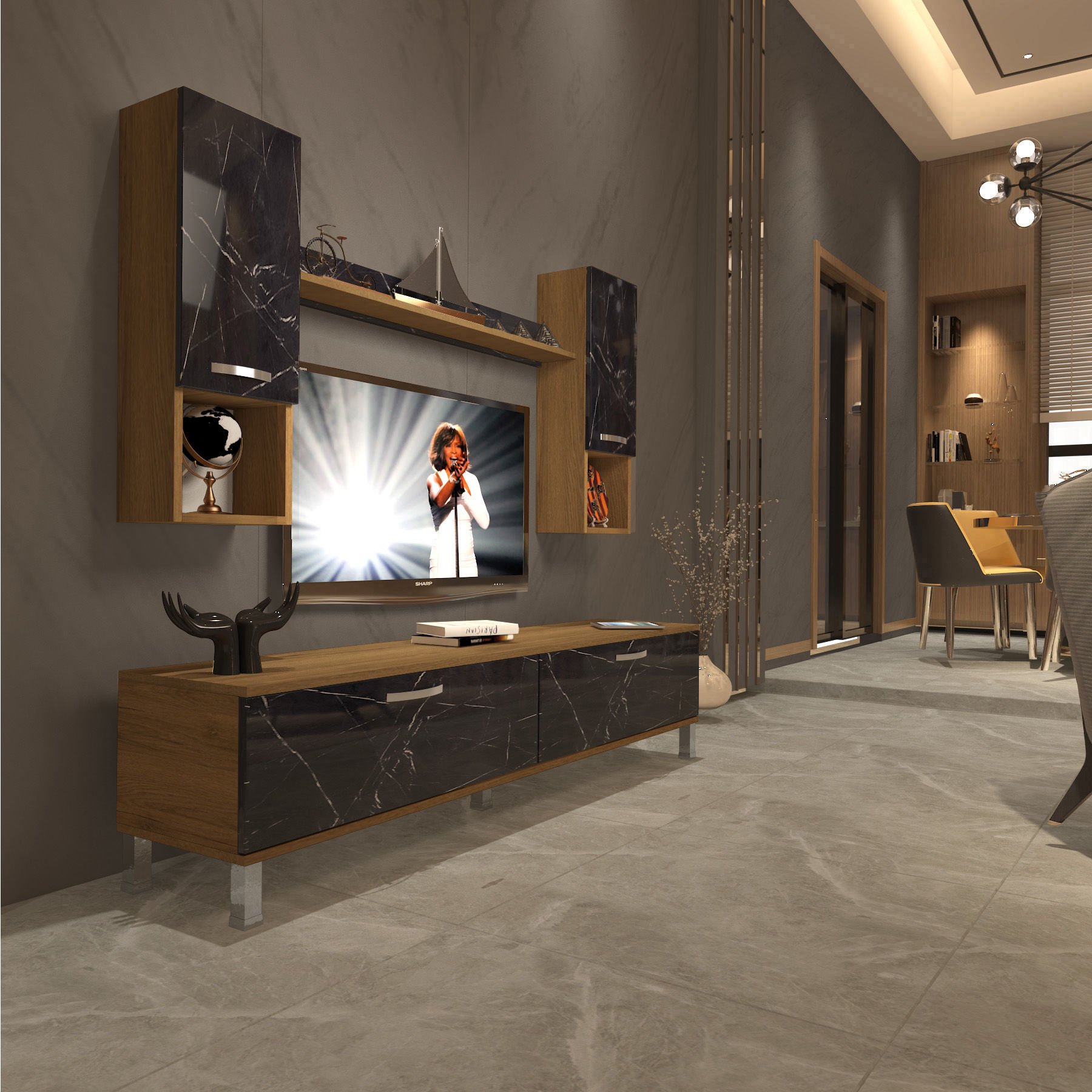 Decoraktiv Eko 5DA Mdf Std Krom Ayaklı Tv Ünitesi Tv Sehpası Pera - Siyah Mermer