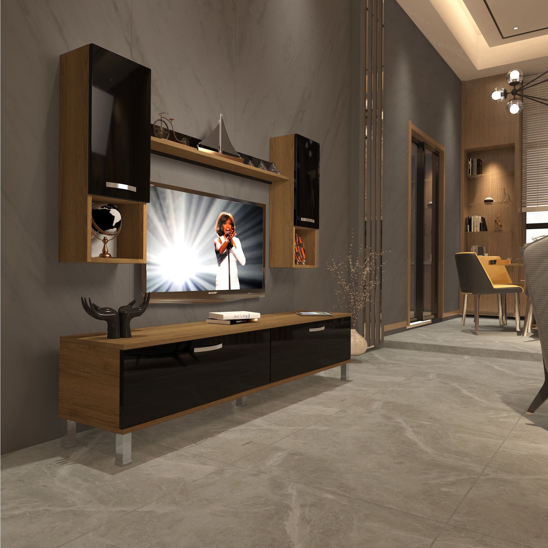 Decoraktiv Eko 5DA Mdf Std Krom Ayaklı Tv Ünitesi Tv Sehpası Pera - Siyah