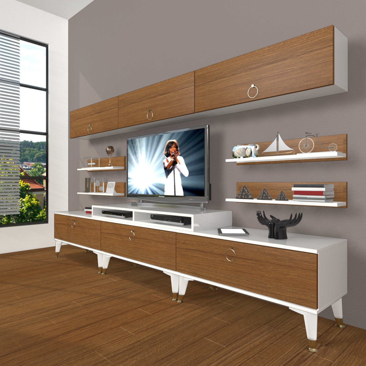 Decoraktiv Ekoflex 8Y Mdf Gold Tv Ünitesi Tv Sehpası Beyaz - Ceviz
