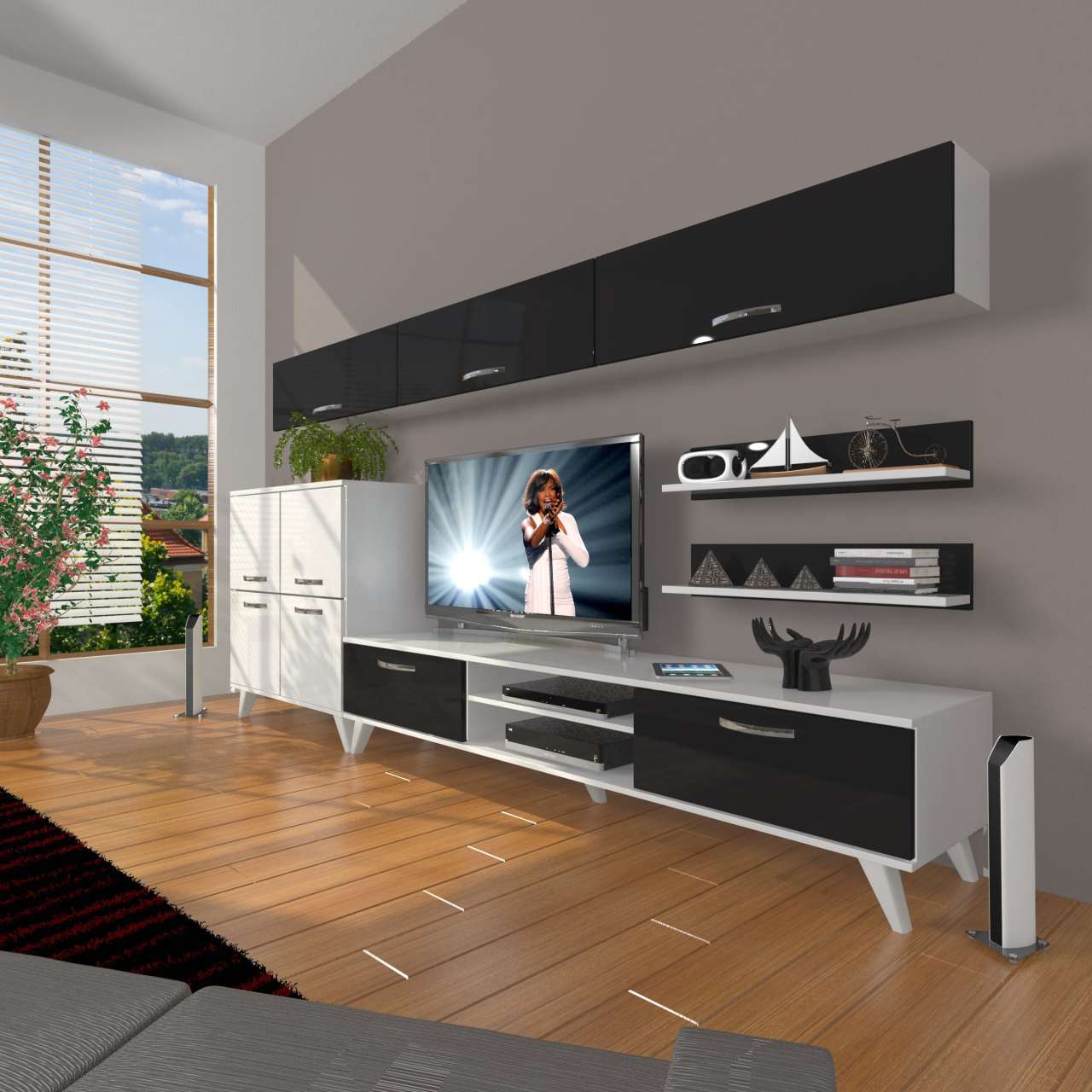 Decoraktiv Eko 8 Slm Dvd Retro Tv Ünitesi Tv Sehpası Beyaz - Siyah