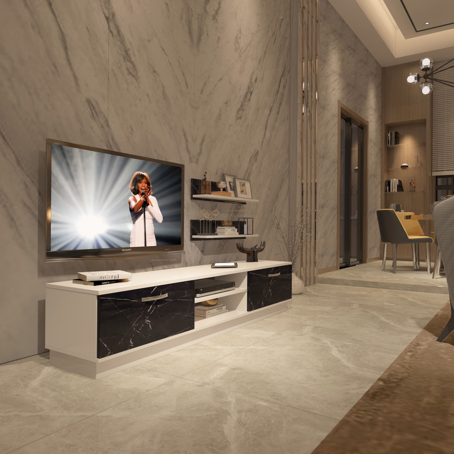 Decoraktiv Eko 4B Mdf Dvd Tv Ünitesi Tv Sehpası Beyaz - Siyah Mermer