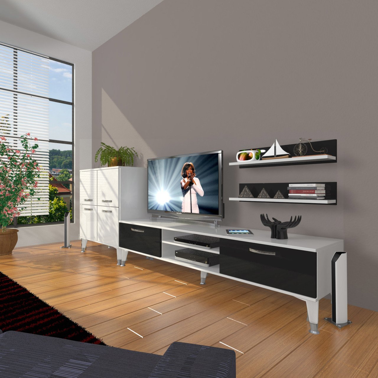 Decoraktiv Eko On Mdf Dvd Silver Tv Ünitesi Tv Sehpası Beyaz - Siyah