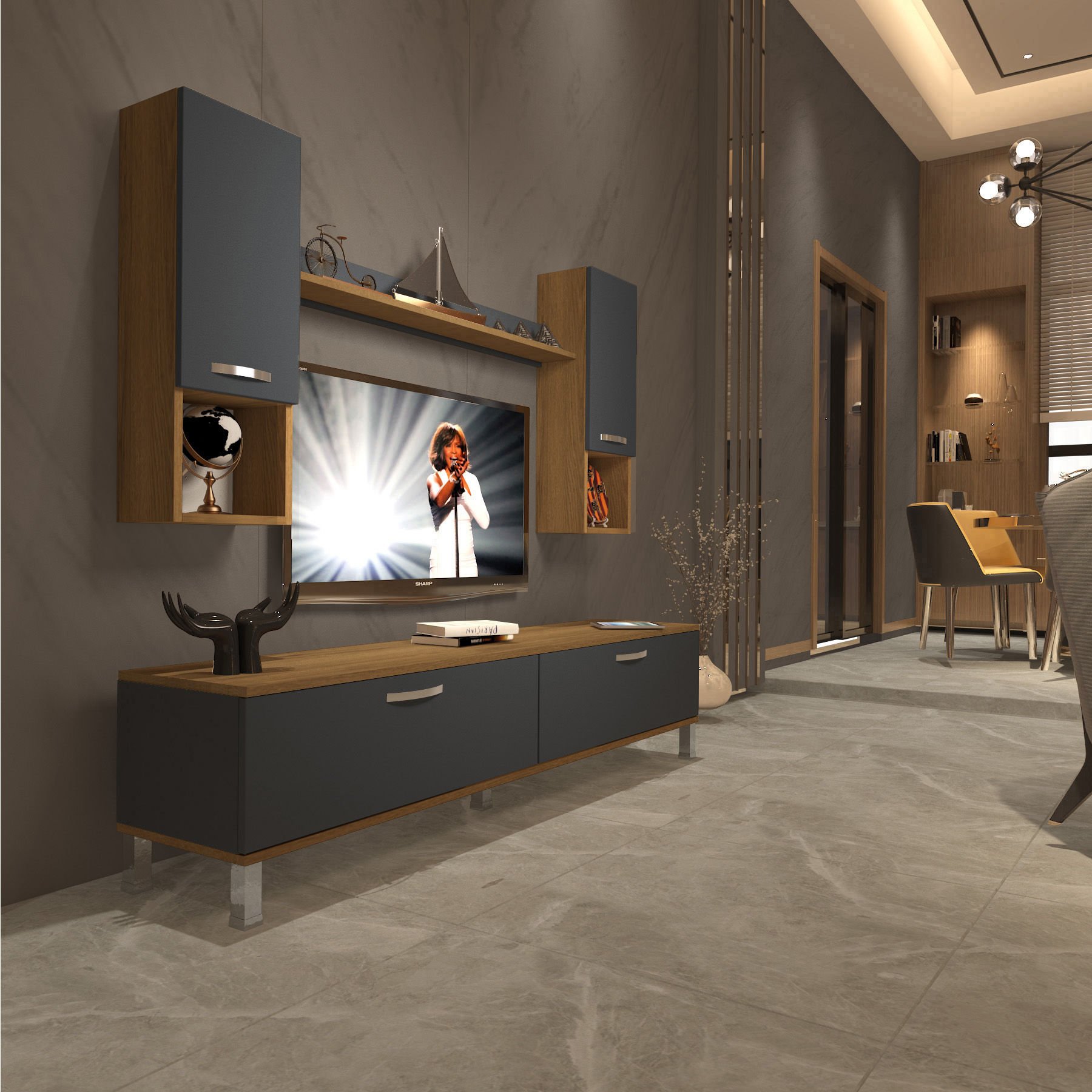Decoraktiv Eko 5DA Mdf Std Krom Ayaklı Tv Ünitesi Tv Sehpası Pera - Antrasit