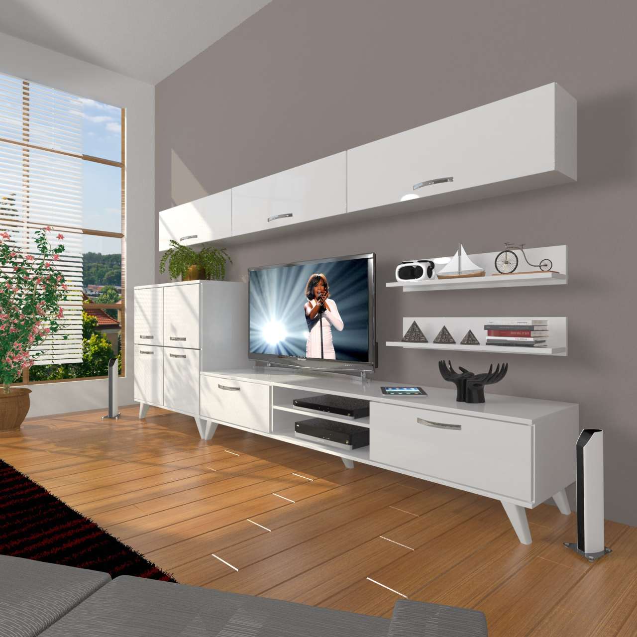 Decoraktiv Eko 8 Slm Dvd Retro Tv Ünitesi Tv Sehpası Parlak Beyaz