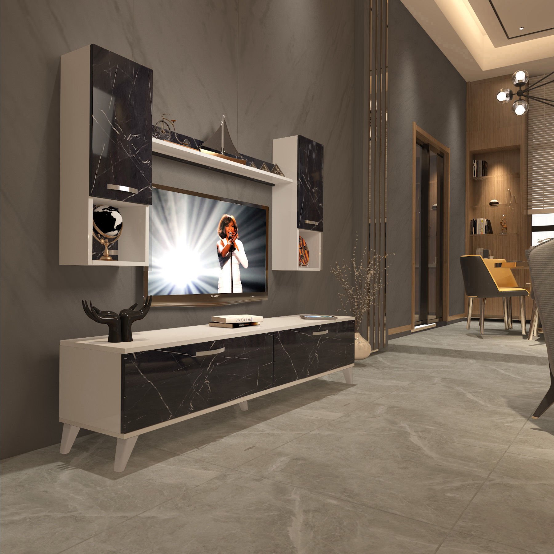 Decoraktiv Eko 5DA Mdf Std Retro Tv Ünitesi Tv Sehpası Beyaz - Siyah Mermer