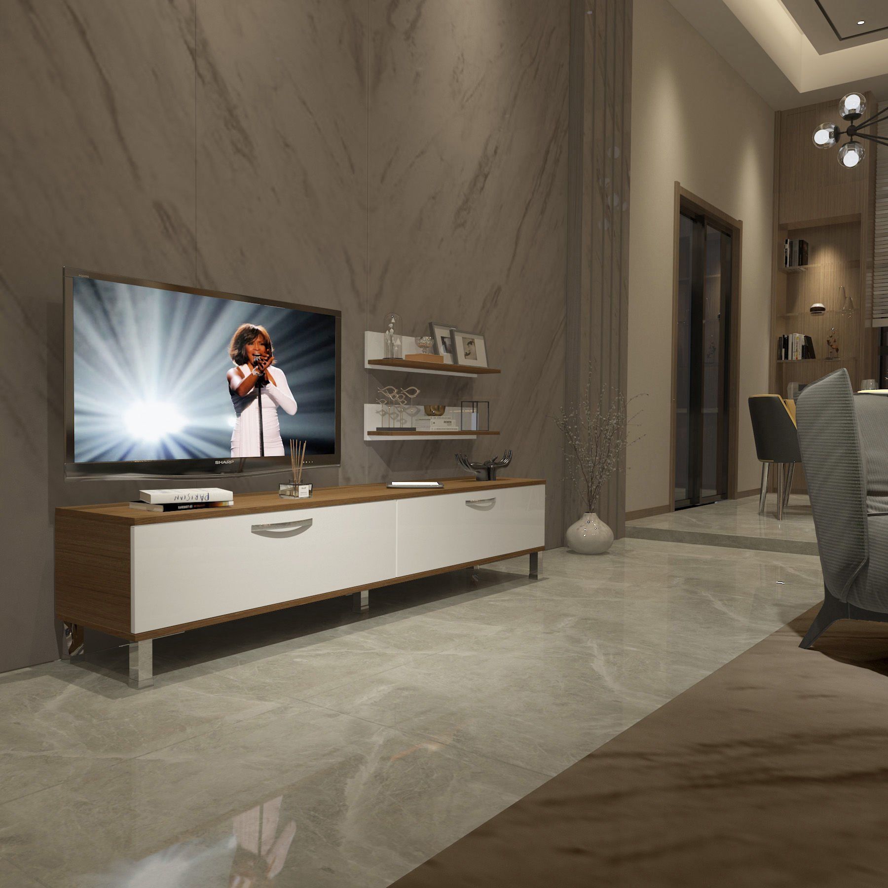 Decoraktiv Eko 4 Slm Std Krom Ayaklı Tv Ünitesi Tv Sehpası Ceviz - Beyaz