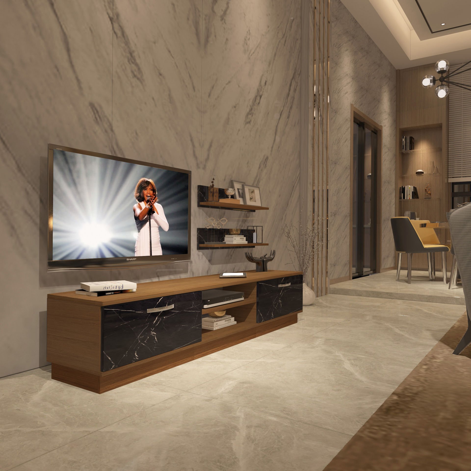 Decoraktiv Eko 4B Mdf Dvd Tv Ünitesi Tv Sehpası Ceviz - Siyah Mermer
