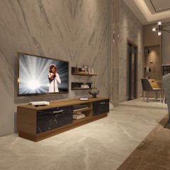 Decoraktiv Eko 4B Mdf Dvd Tv Ünitesi Tv Sehpası Ceviz - Siyah Mermer