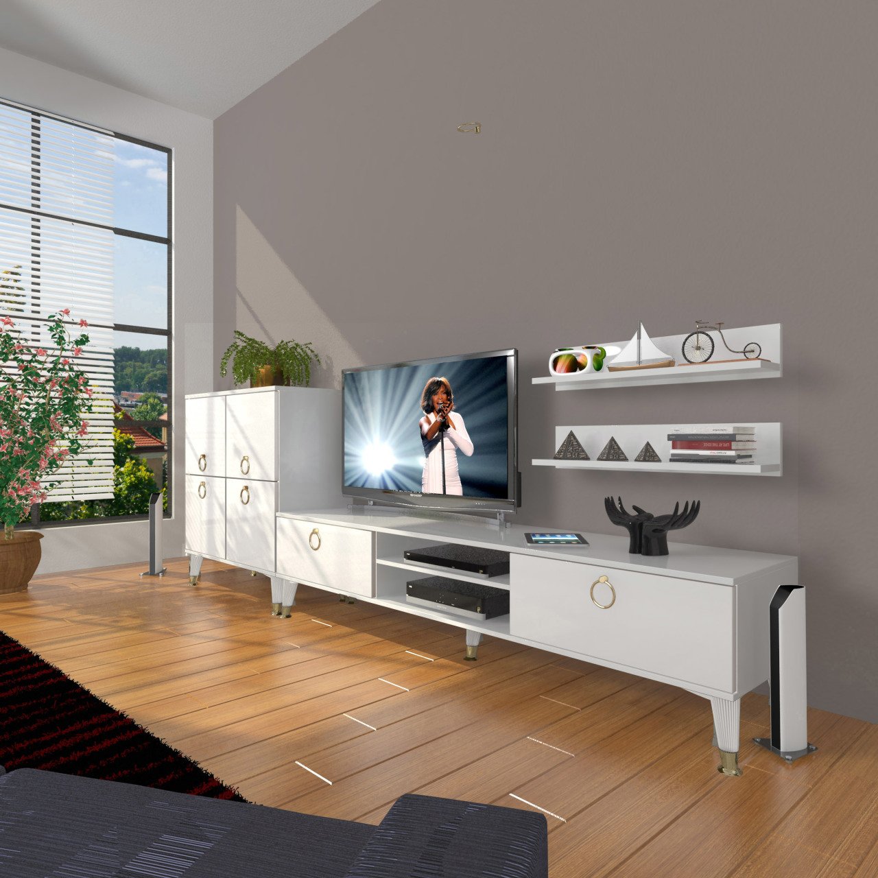 Decoraktiv Eko On Mdf Dvd Gold Tv Ünitesi Tv Sehpası Parlak Beyaz