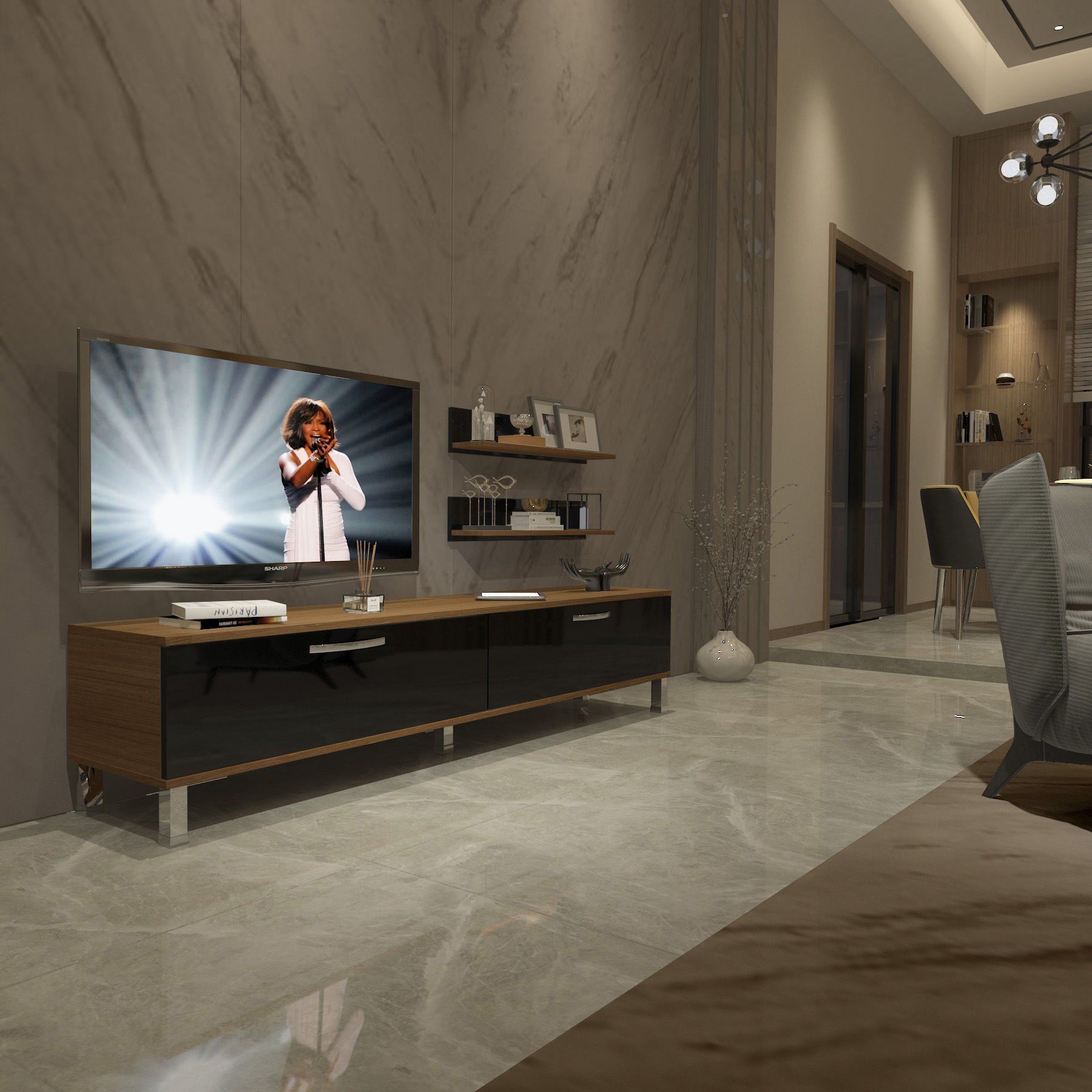 Decoraktiv Eko 4 Slm Std Krom Ayaklı Tv Ünitesi Tv Sehpası Ceviz - Siyah
