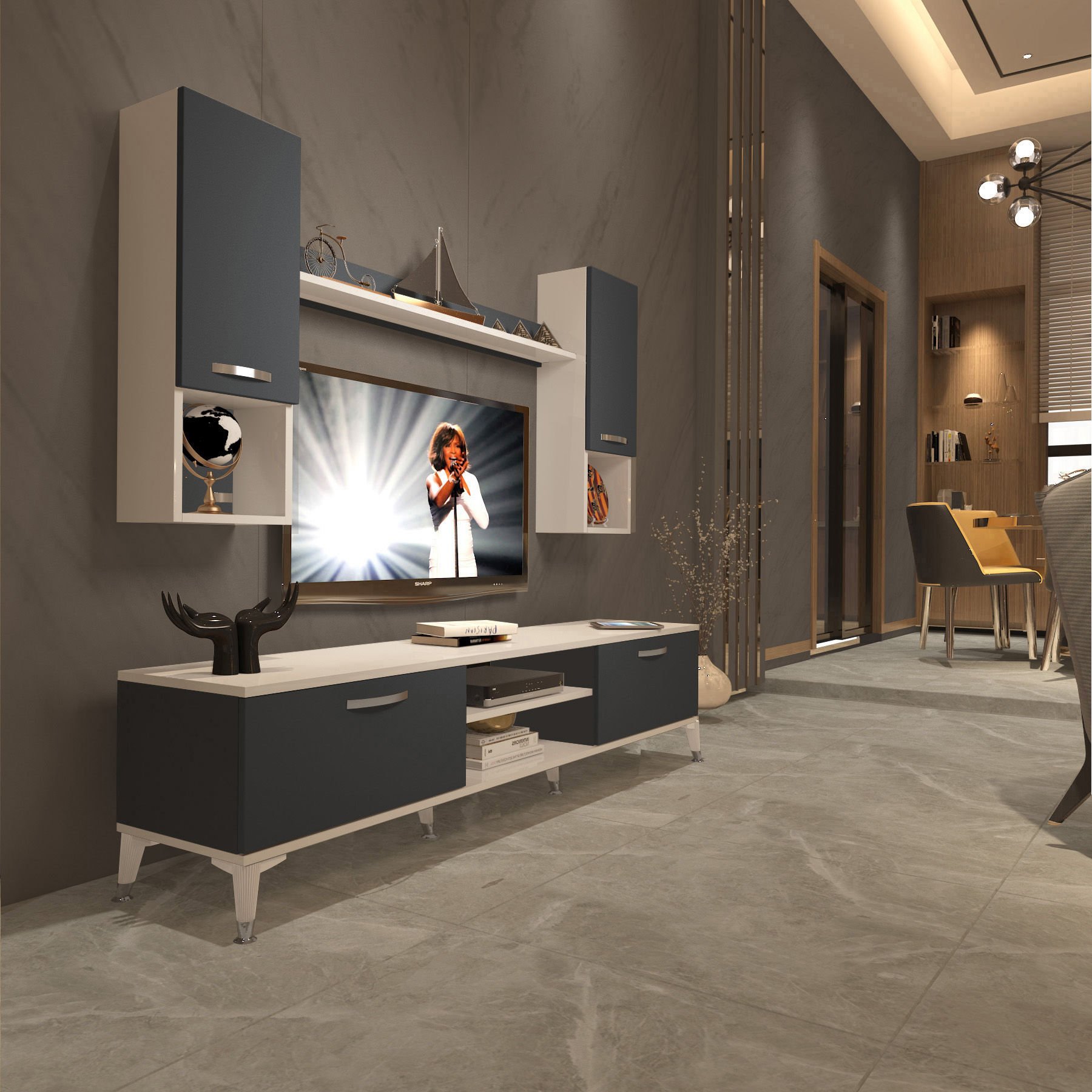 Decoraktiv Eko 5DA Mdf Dvd Silver Tv Ünitesi Tv Sehpası Beyaz - Antrasit