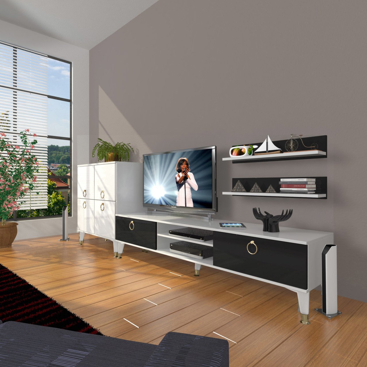 Decoraktiv Eko On Mdf Dvd Gold Tv Ünitesi Tv Sehpası Beyaz - Siyah
