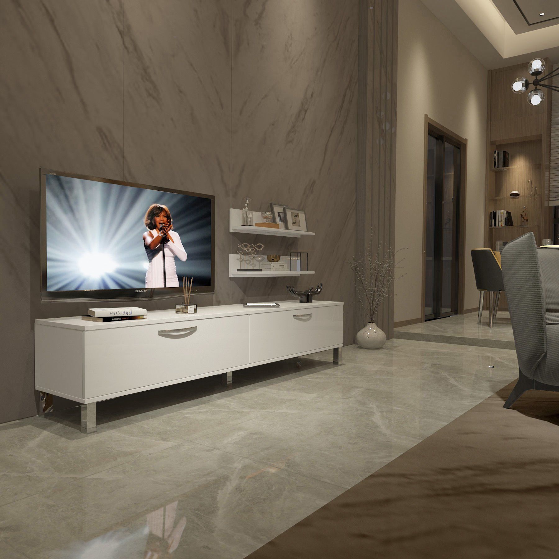Decoraktiv Eko 4 Slm Std Krom Ayaklı Tv Ünitesi Tv Sehpası Parlak Beyaz