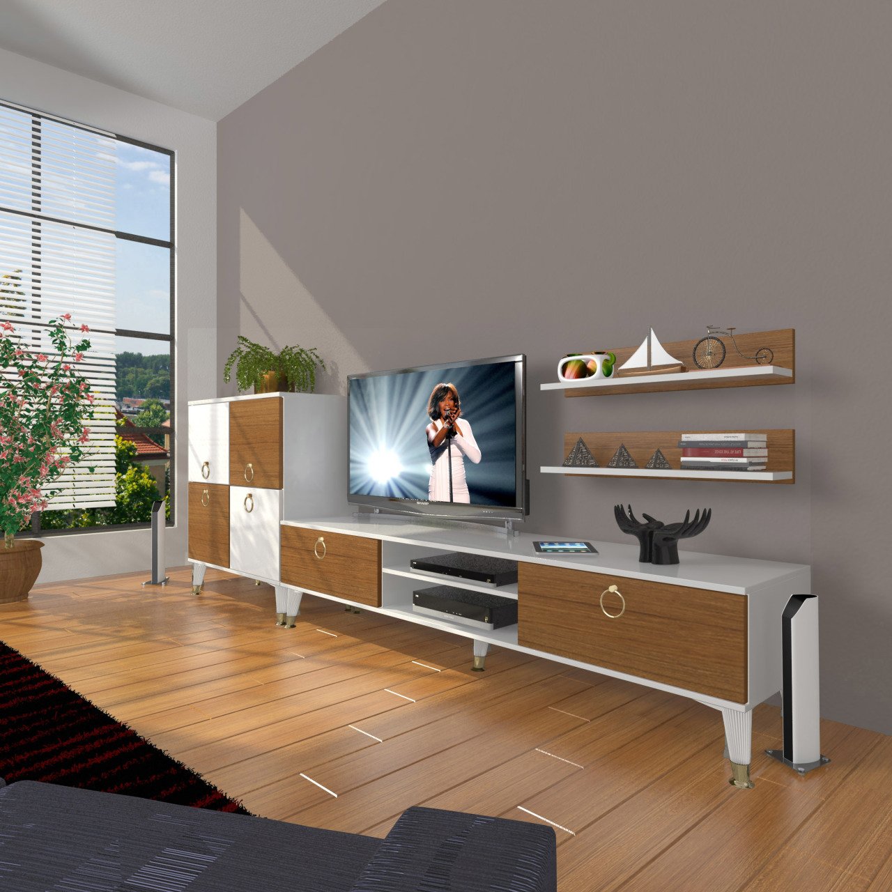 Decoraktiv Eko On Mdf Dvd Gold Tv Ünitesi Tv Sehpası Beyaz - Ceviz