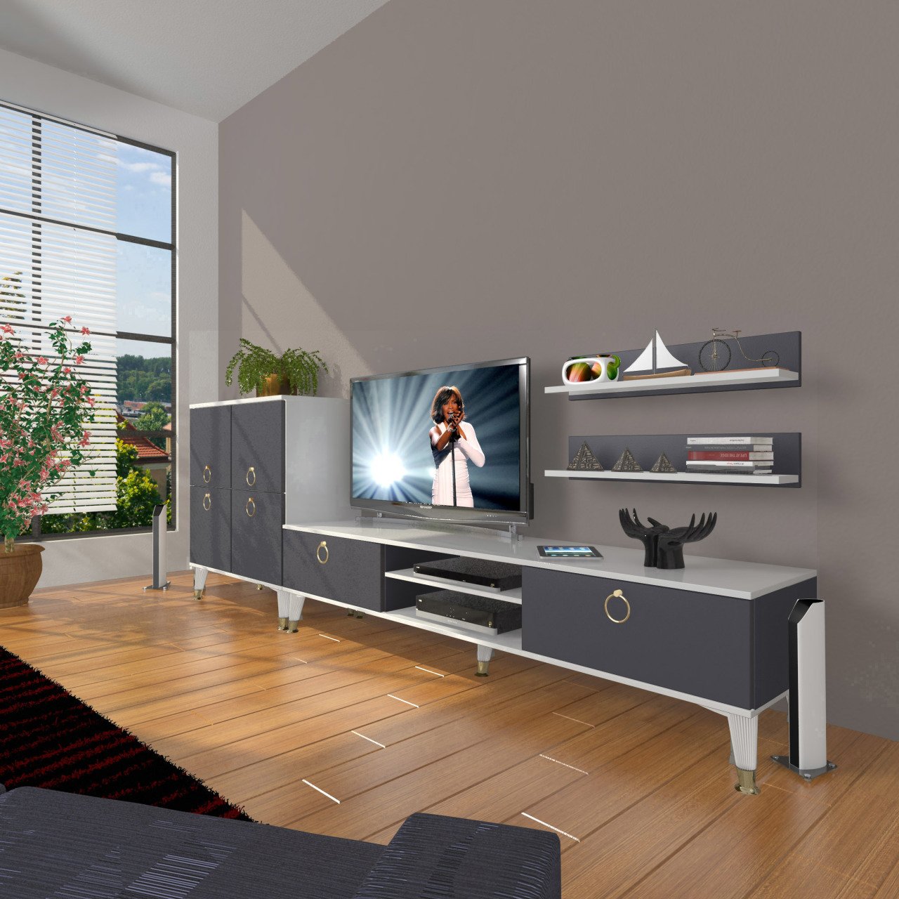 Decoraktiv Eko On Mdf Dvd Gold Tv Ünitesi Tv Sehpası Beyaz - Antrasit