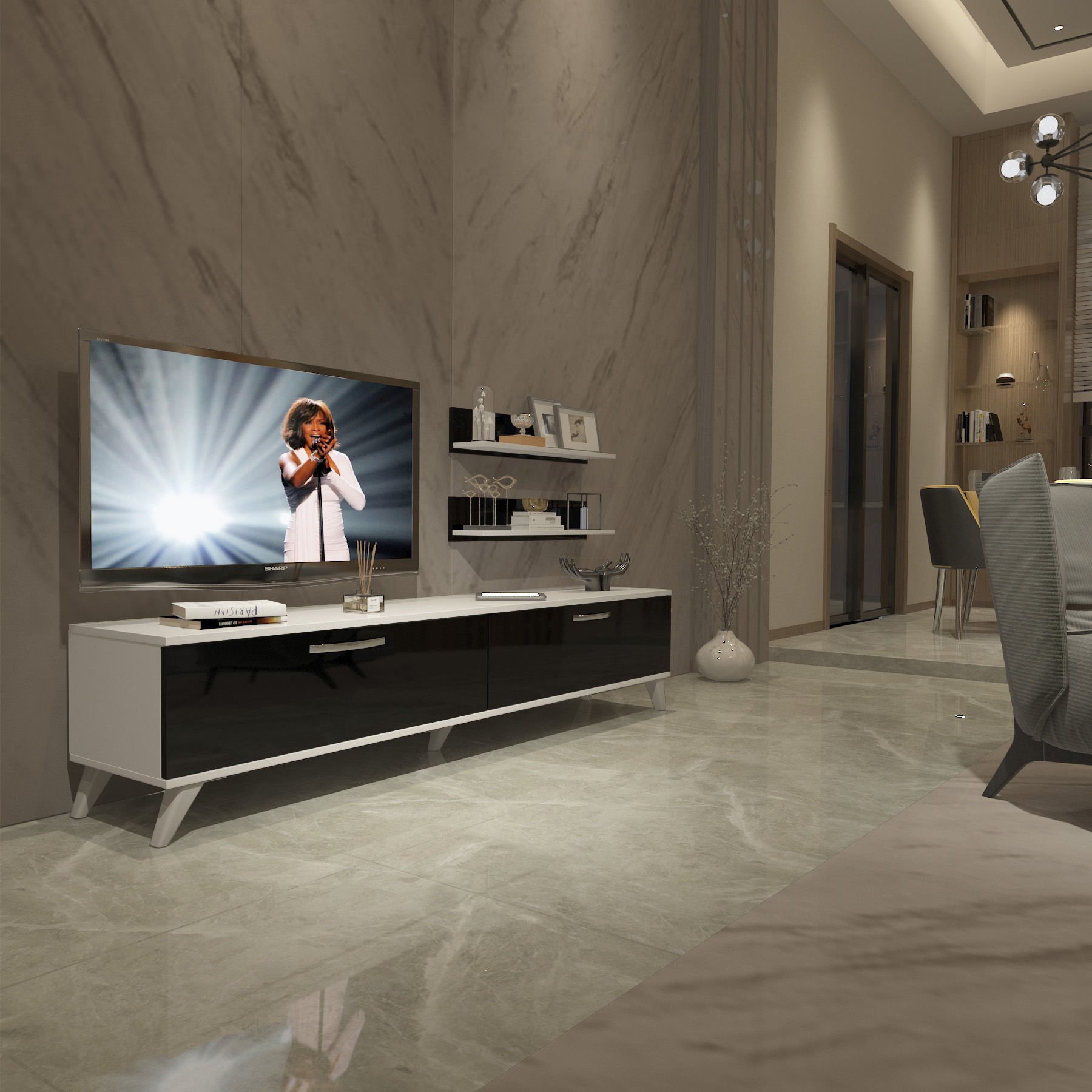 Decoraktiv Eko 4 Slm Std Retro Tv Ünitesi Tv Sehpası Beyaz - Siyah