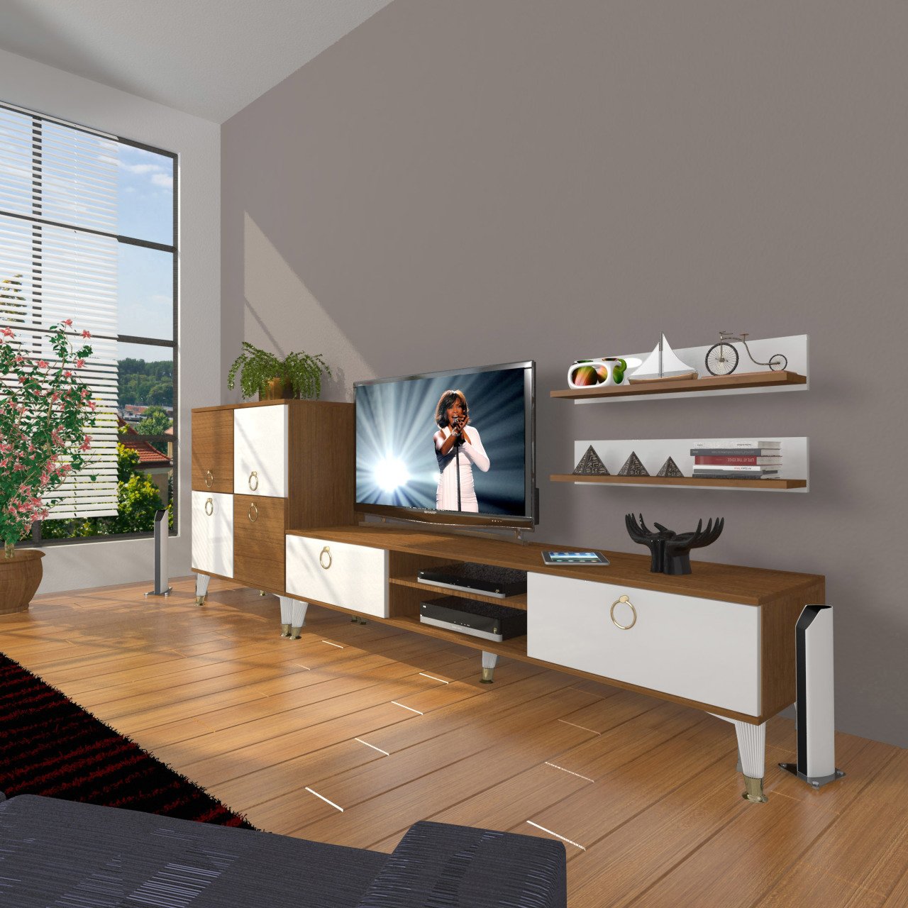 Decoraktiv Eko On Mdf Dvd Gold Tv Ünitesi Tv Sehpası Ceviz - Beyaz