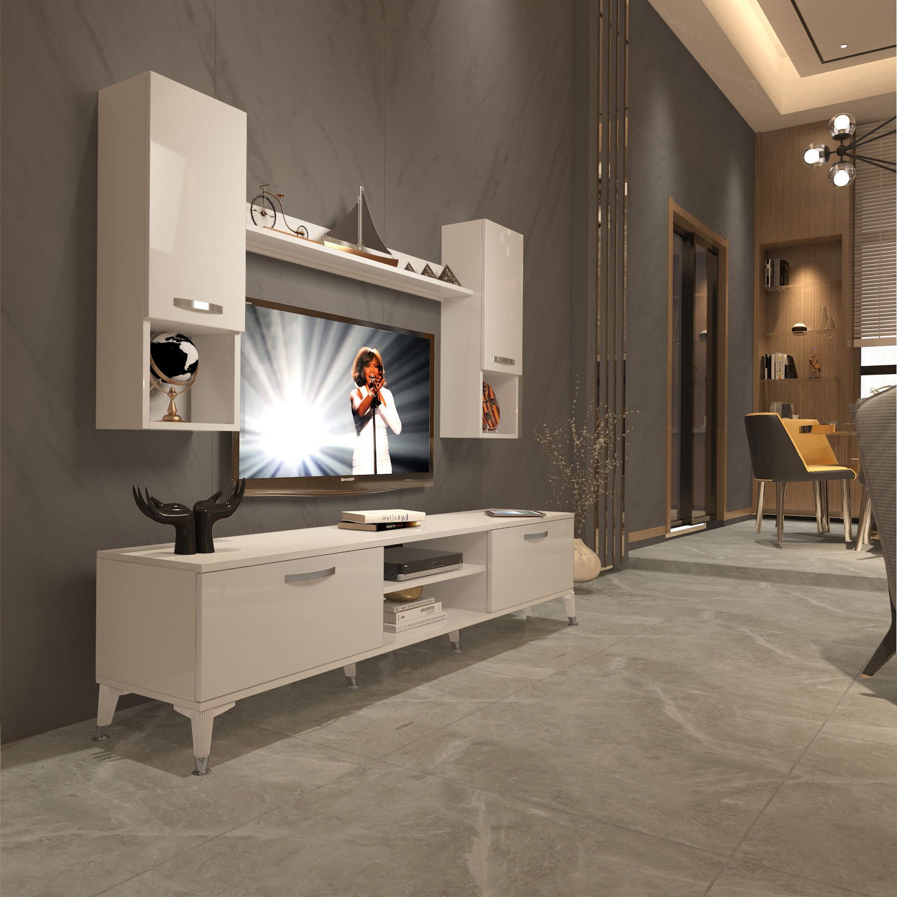 Decoraktiv Eko 5DA Mdf Dvd Silver Tv Ünitesi Tv Sehpası Parlak Beyaz
