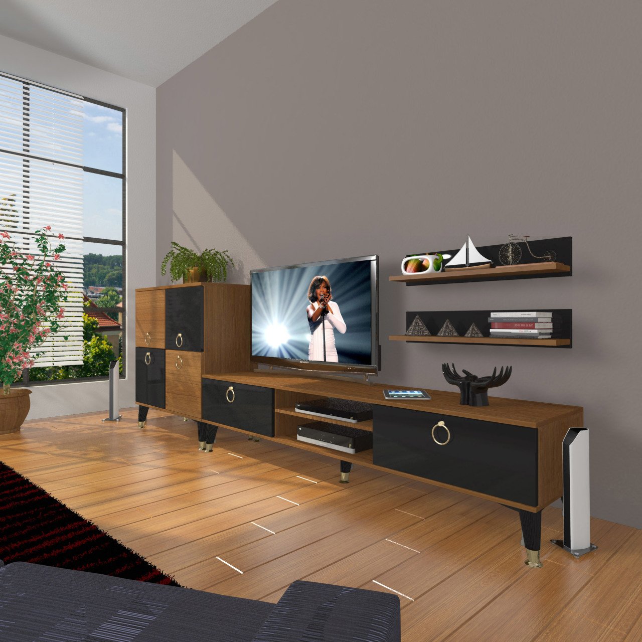 Decoraktiv Eko On Mdf Dvd Gold Tv Ünitesi Tv Sehpası Ceviz - Siyah