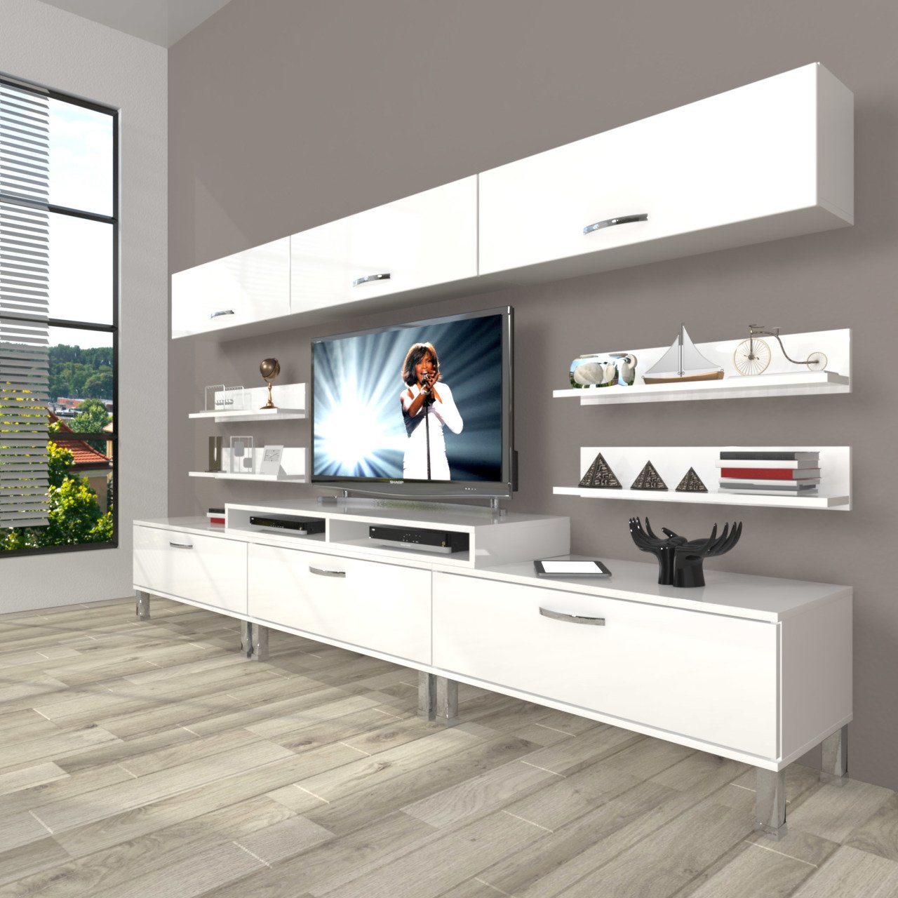 Decoraktiv Ekoflex 8Y Slm Krom Ayaklı Tv Ünitesi Tv Sehpası Parlak Beyaz