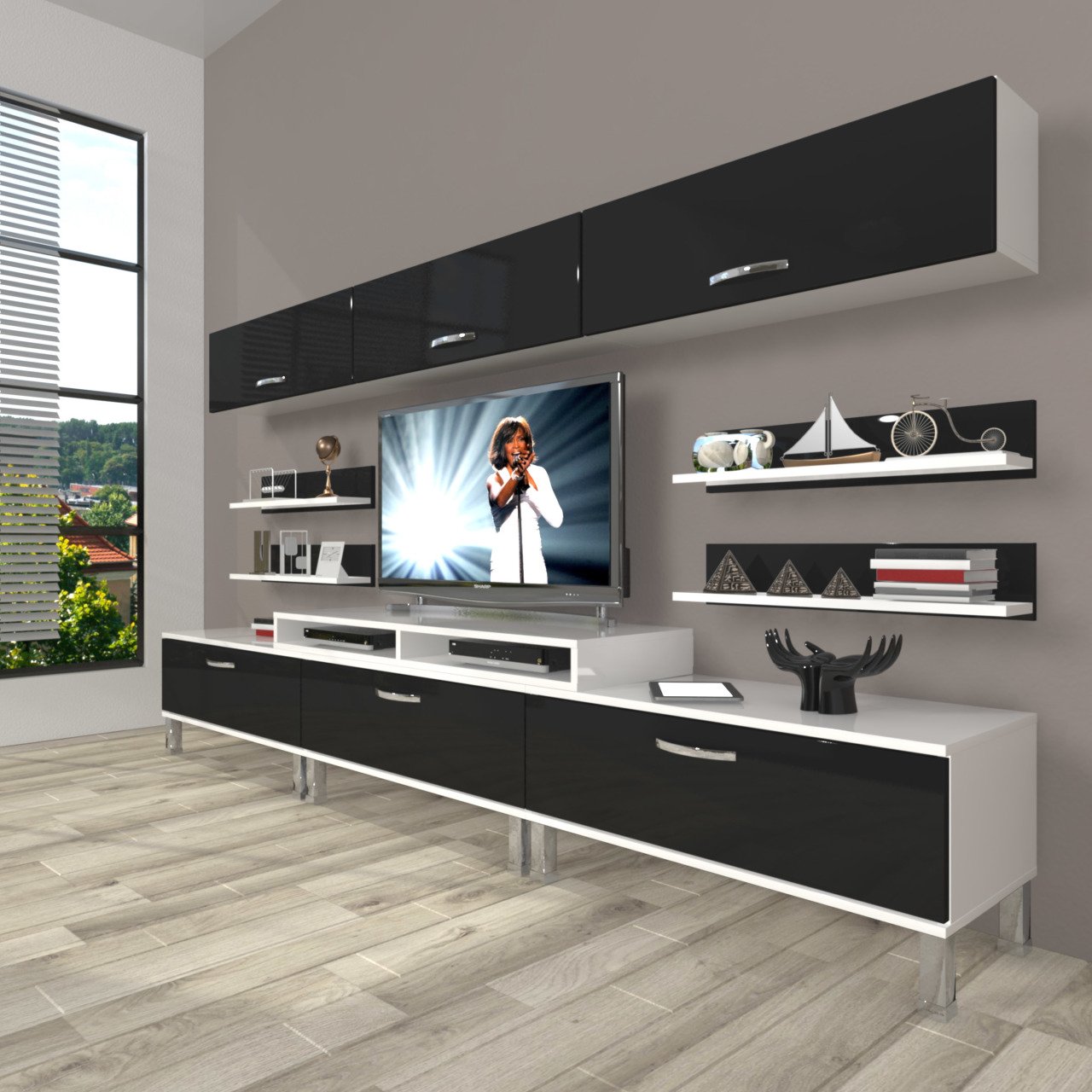 Decoraktiv Ekoflex 8Y Slm Krom Ayaklı Tv Ünitesi Tv Sehpası Beyaz - Siyah