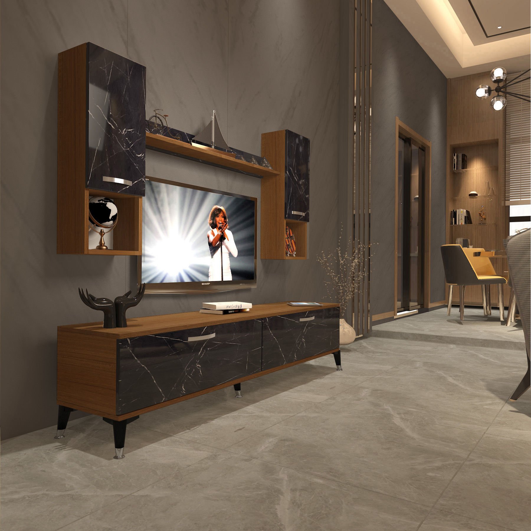 Decoraktiv Eko 5DA Mdf Std Silver Tv Ünitesi Tv Sehpası Ceviz - Siyah Mermer