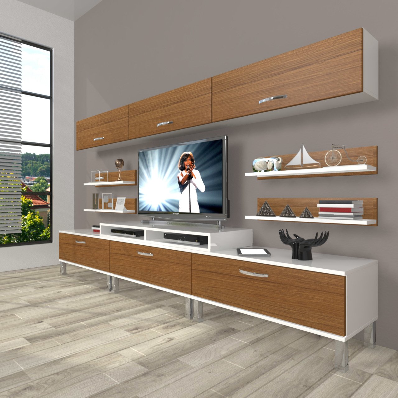Decoraktiv Ekoflex 8Y Slm Krom Ayaklı Tv Ünitesi Tv Sehpası Beyaz - Ceviz