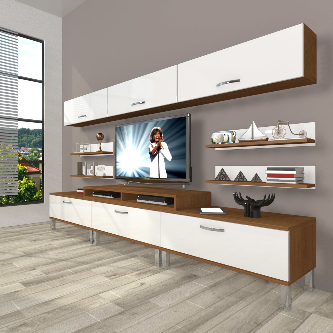 Decoraktiv Ekoflex 8Y Slm Krom Ayaklı Tv Ünitesi Tv Sehpası Ceviz - Beyaz