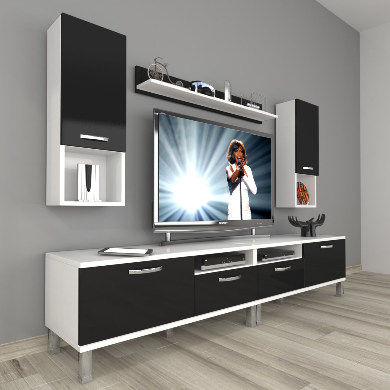Decoraktiv Eko 5220DA Mdf Krom Ayaklı Tv Ünitesi Tv Sehpası Beyaz - Siyah
