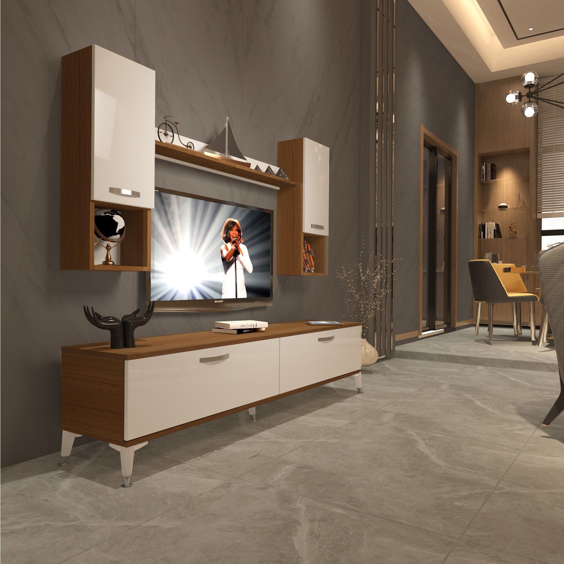 Decoraktiv Eko 5DA Slm Std Silver Tv Ünitesi Tv Sehpası Ceviz - Beyaz
