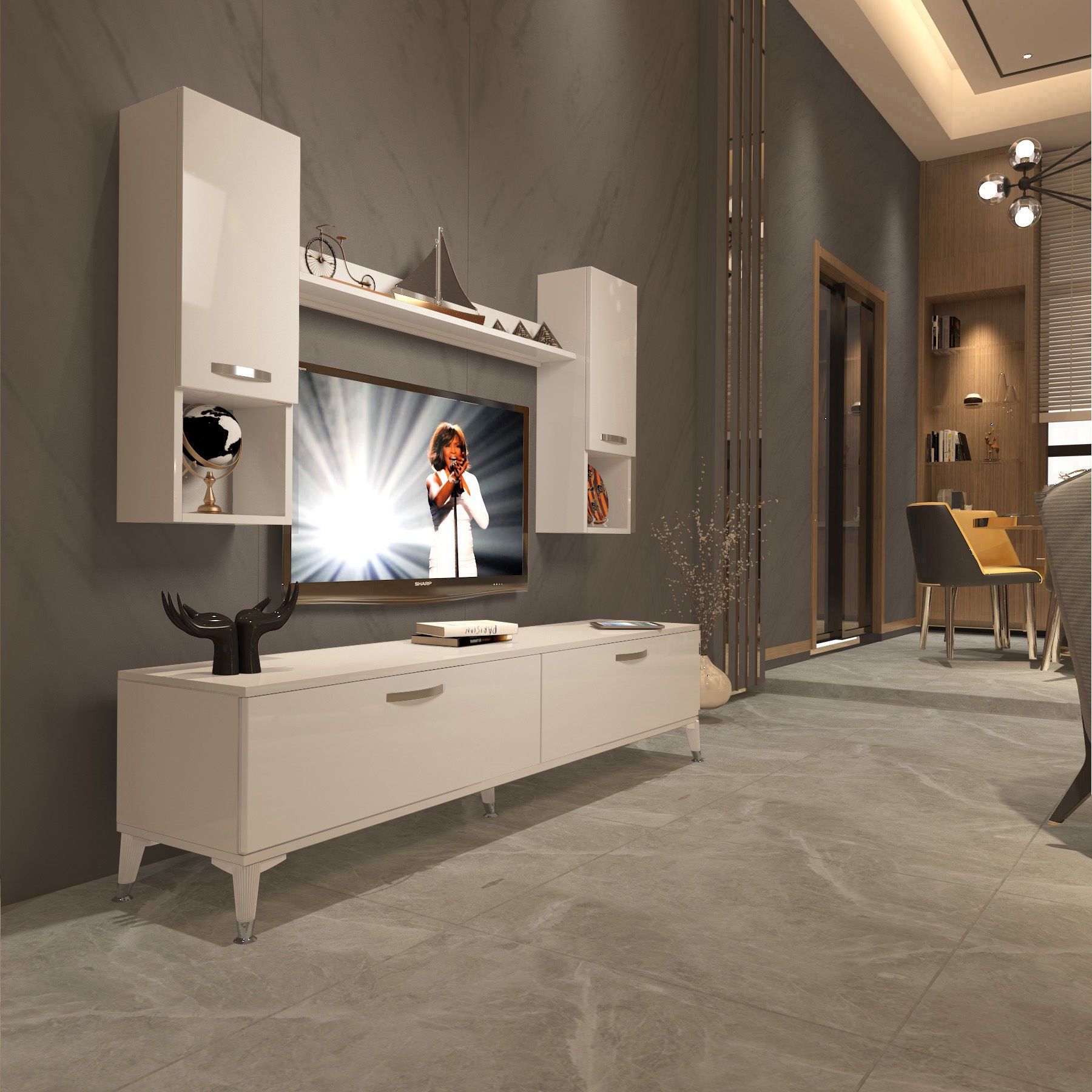 Decoraktiv Eko 5DA Slm Std Silver Tv Ünitesi Tv Sehpası Parlak Beyaz
