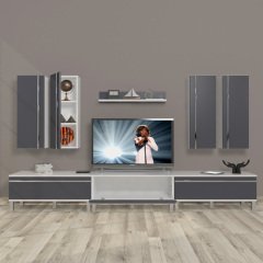 Decoraktiv Eko 8D Mdf Krom Ayaklı Tv Ünitesi Tv Sehpası Beyaz - Antrasit