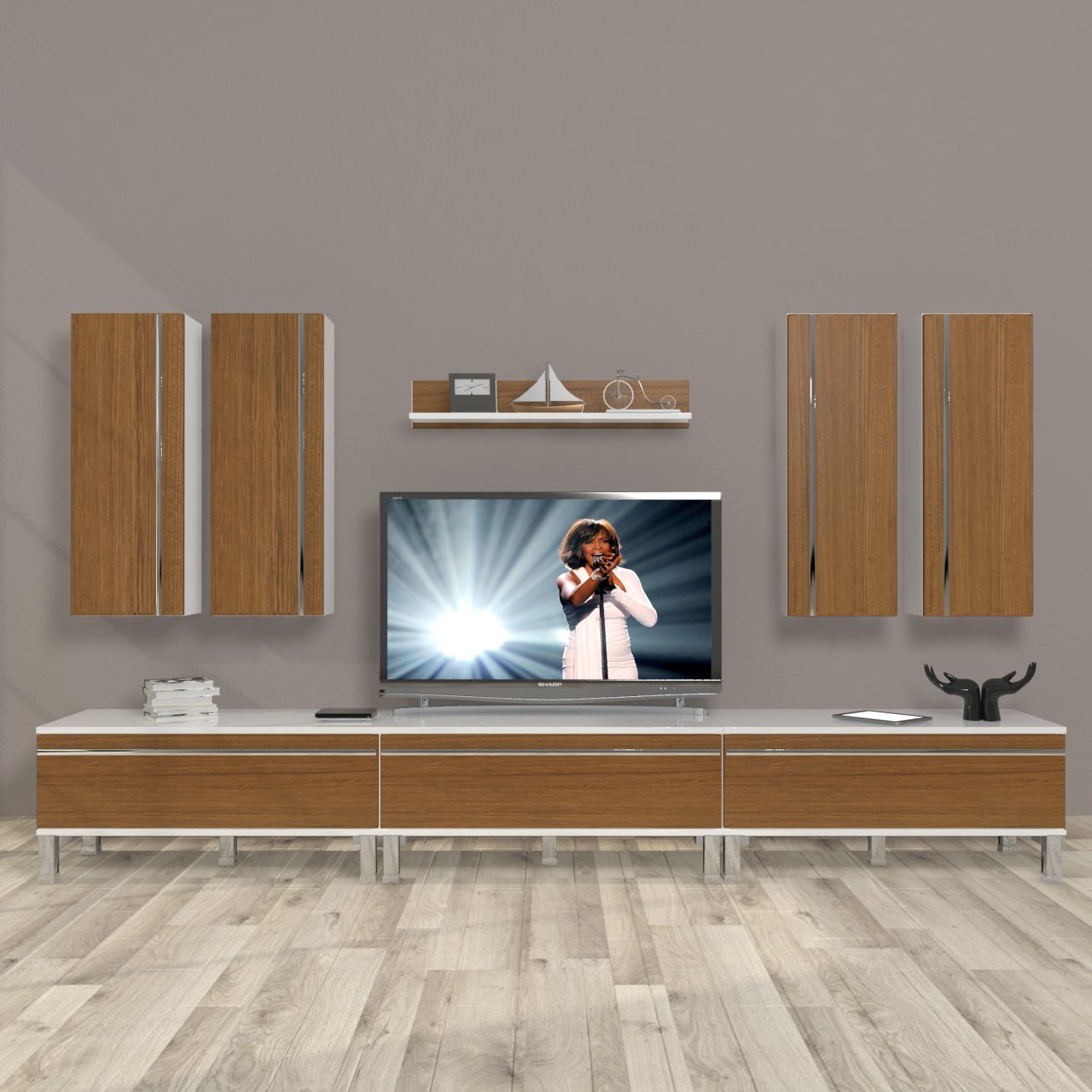 Decoraktiv Eko 8D Mdf Krom Ayaklı Tv Ünitesi Tv Sehpası Beyaz - Ceviz